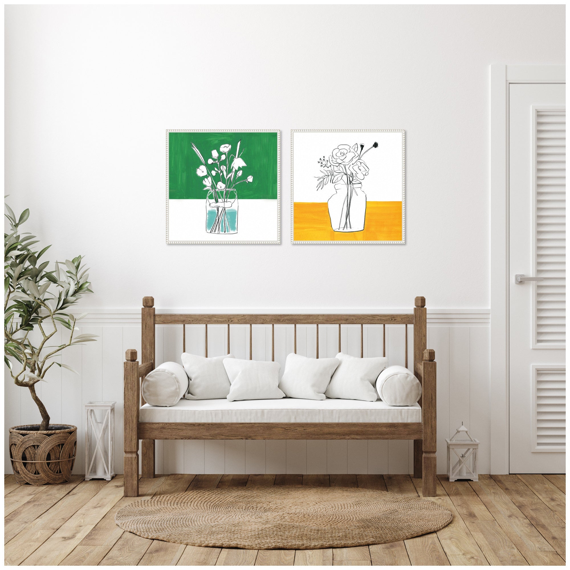 Sylvie Beaded Minimalist Floral Vase Green and Yellow Framed Canvas Art Set by Teju Reval