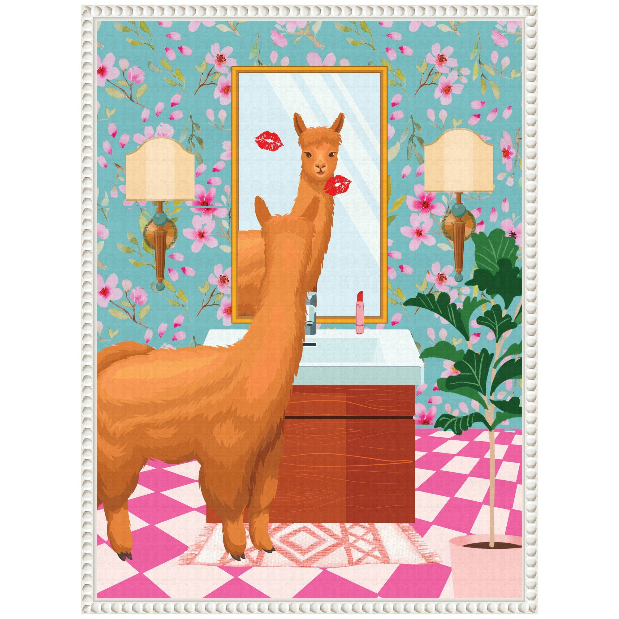 Sylvie Maximalist Llama Bathroom Mirror Framed Canvas by Honey Island Studio