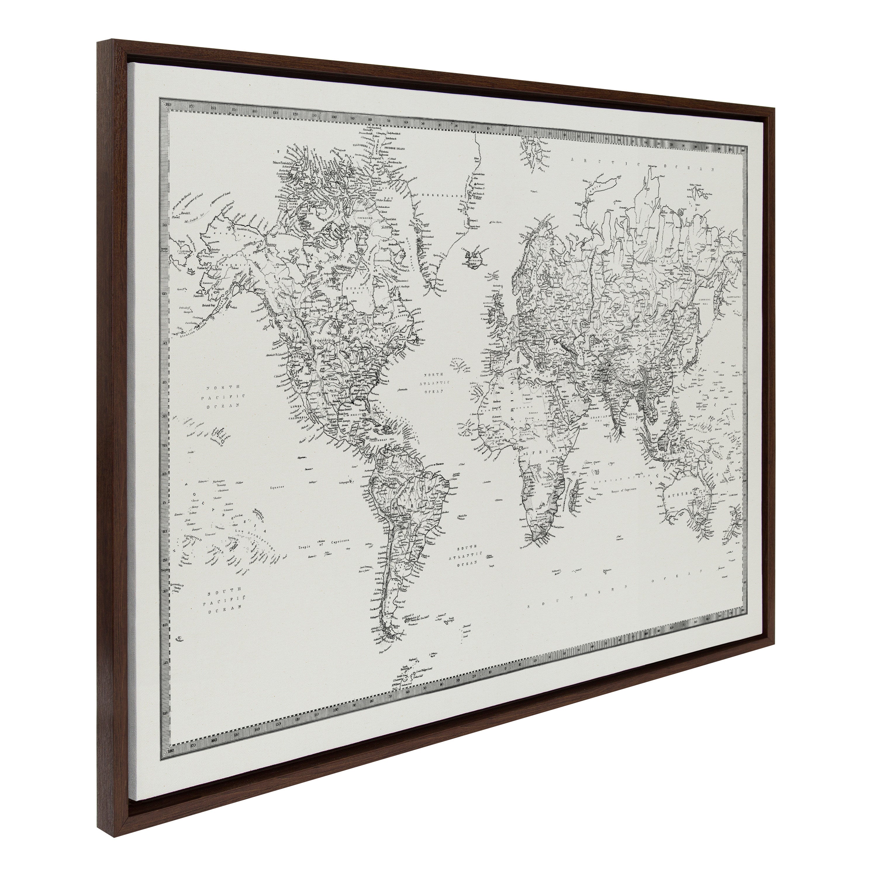 Sylvie Vintage Black and White World Map Framed Canvas by The Creative