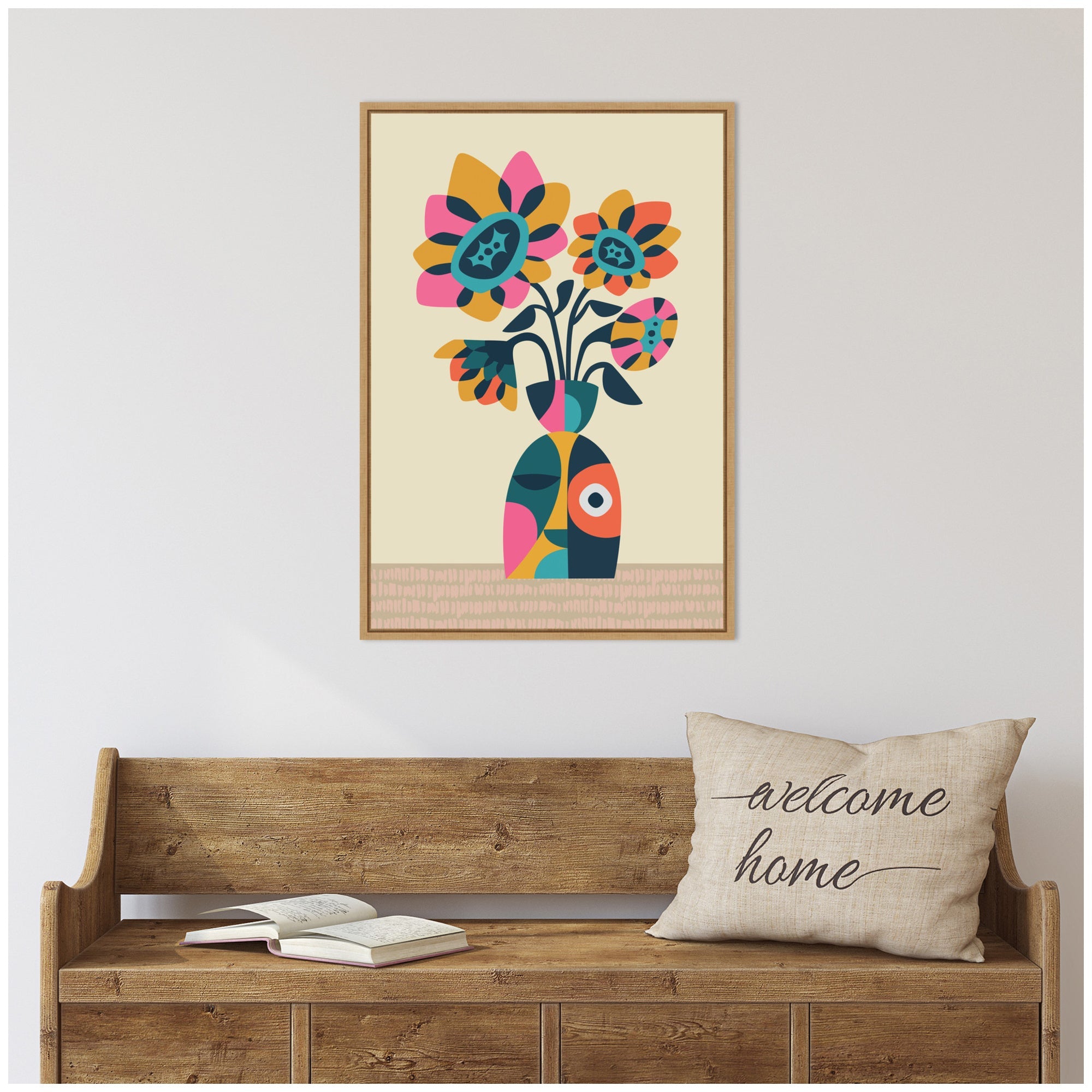 Sylvie Abstract Vintage Retro Sunflower Vase Framed Canvas by Rachel Lee