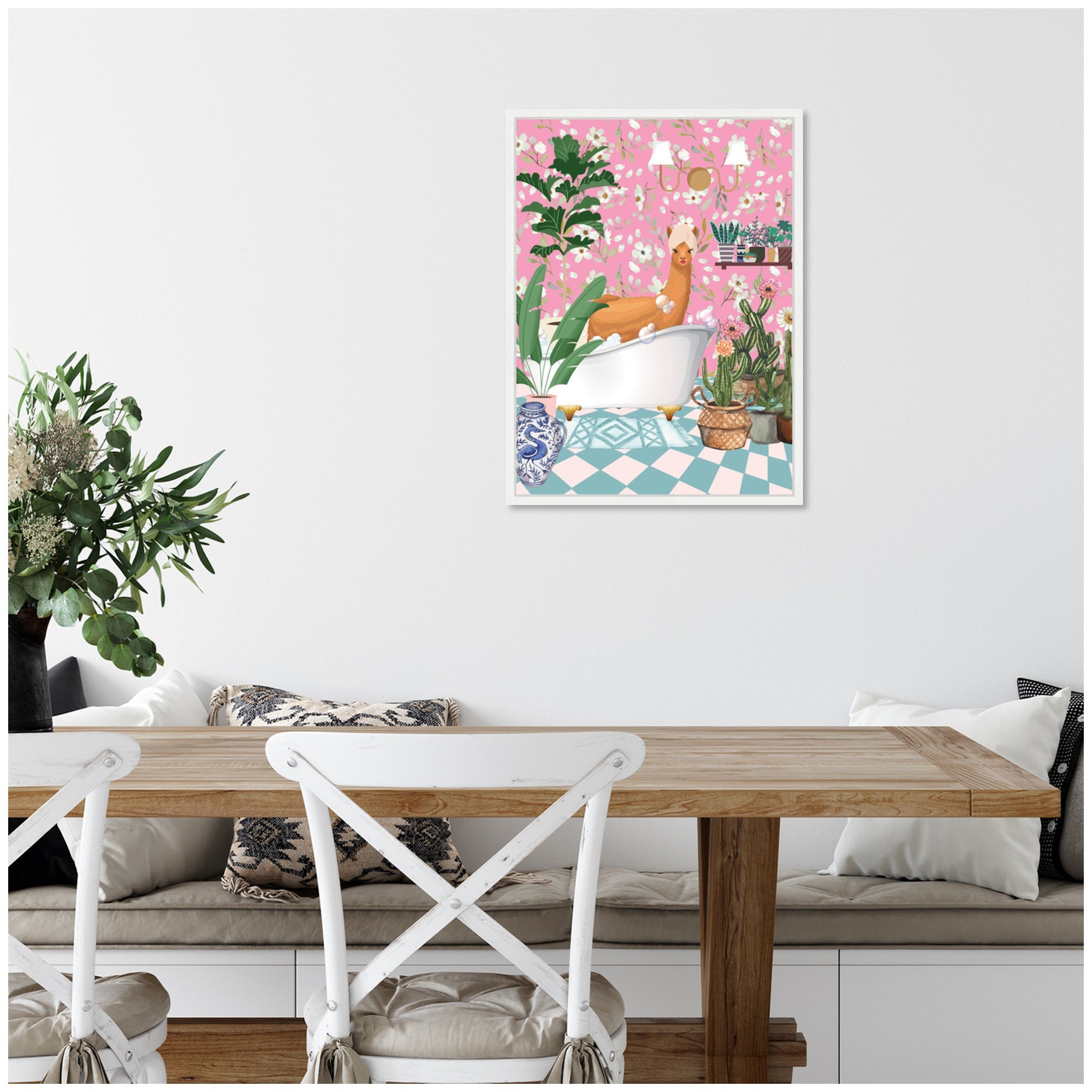 Sylvie Maximalist Llama Bath Framed Canvas by Honey Island Studio