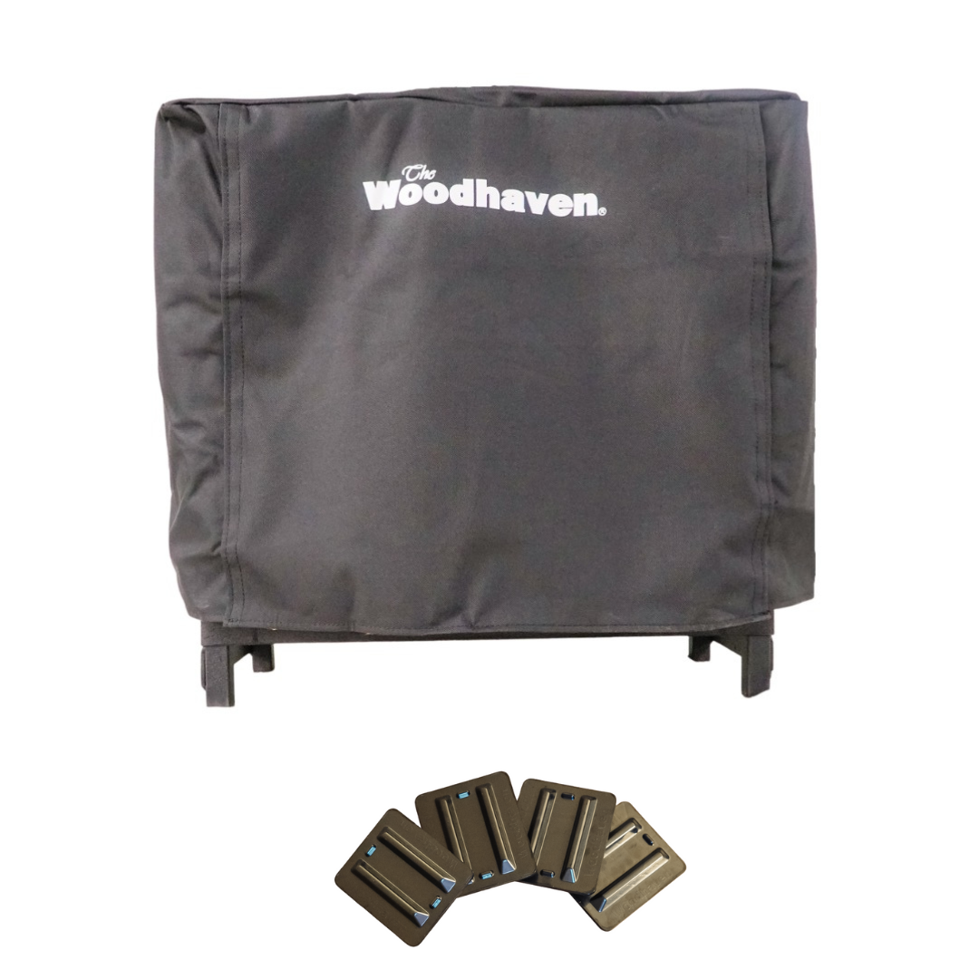 Woodhaven 2 ft Steel Firewood Rack in black with optional cover and support bases