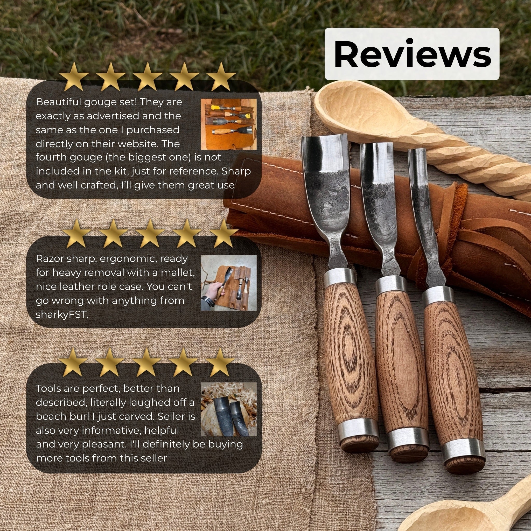 3-Piece Bent Gouge Set with hand-forged carbon steel blades and ash wood handles