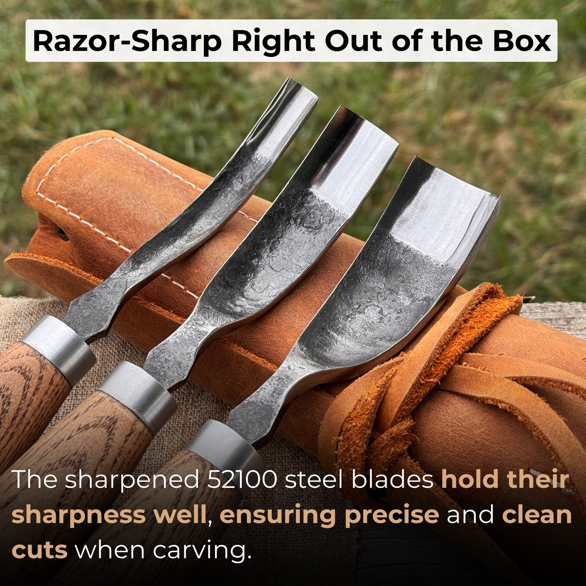 3-Piece Bent Gouge Set with hand-forged carbon steel blades and ash wood handles