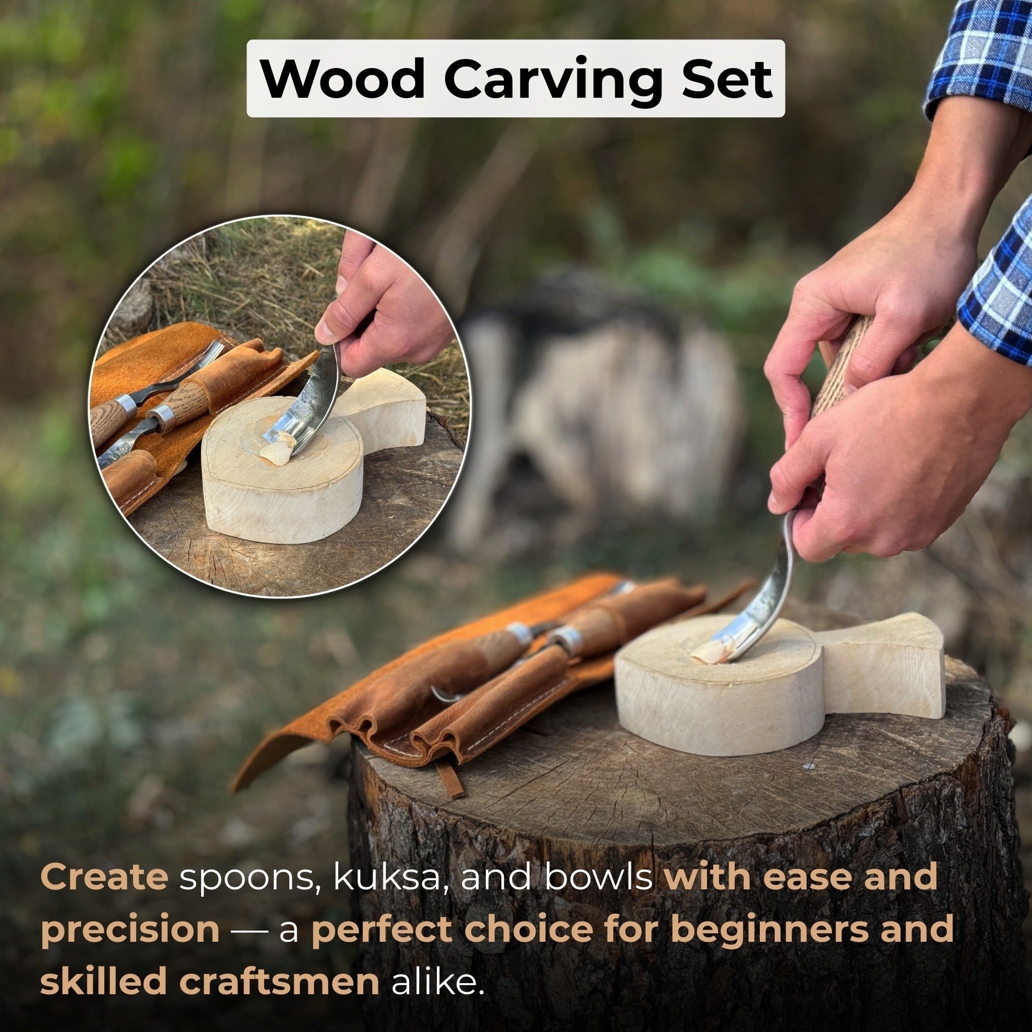 3-Piece Bent Gouge Set with hand-forged carbon steel blades and ash wood handles
