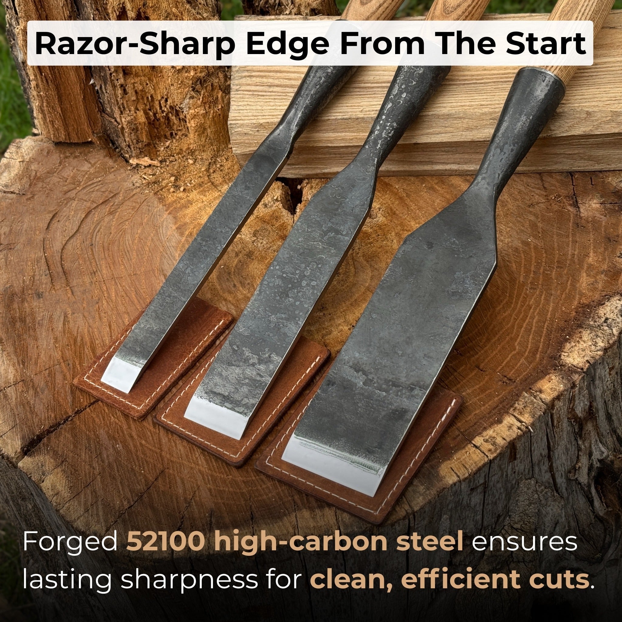 3-Piece Carpenters Slick Chisel Set with hand-forged steel blades and ash wood handles