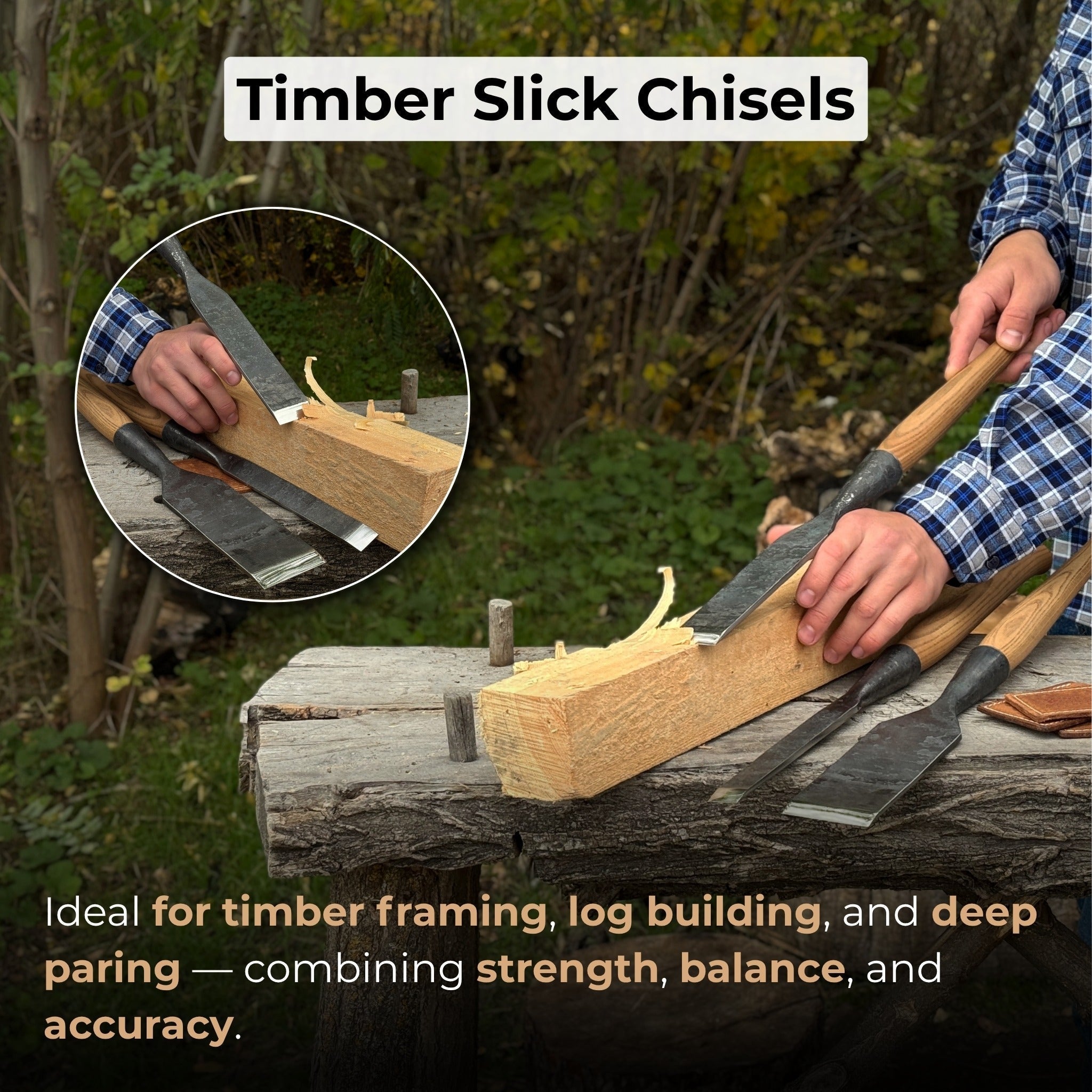 3-Piece Carpenters Slick Chisel Set with hand-forged steel blades and ash wood handles