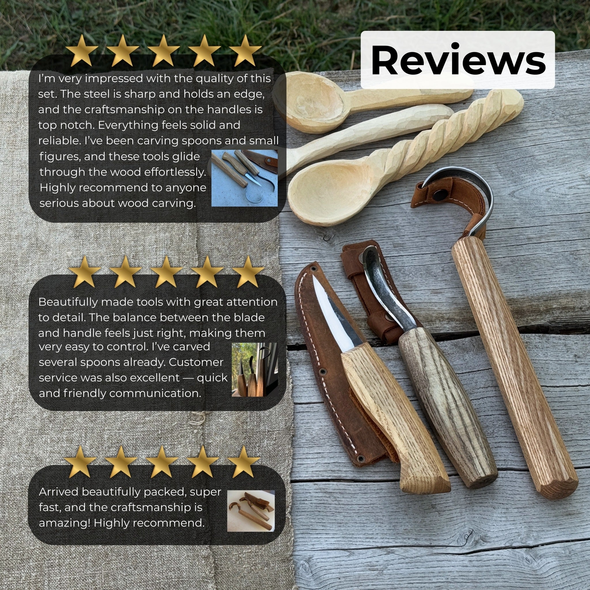3-piece carving knife set for spoon carving with leather sheath by Sharky Forged Steel Tools