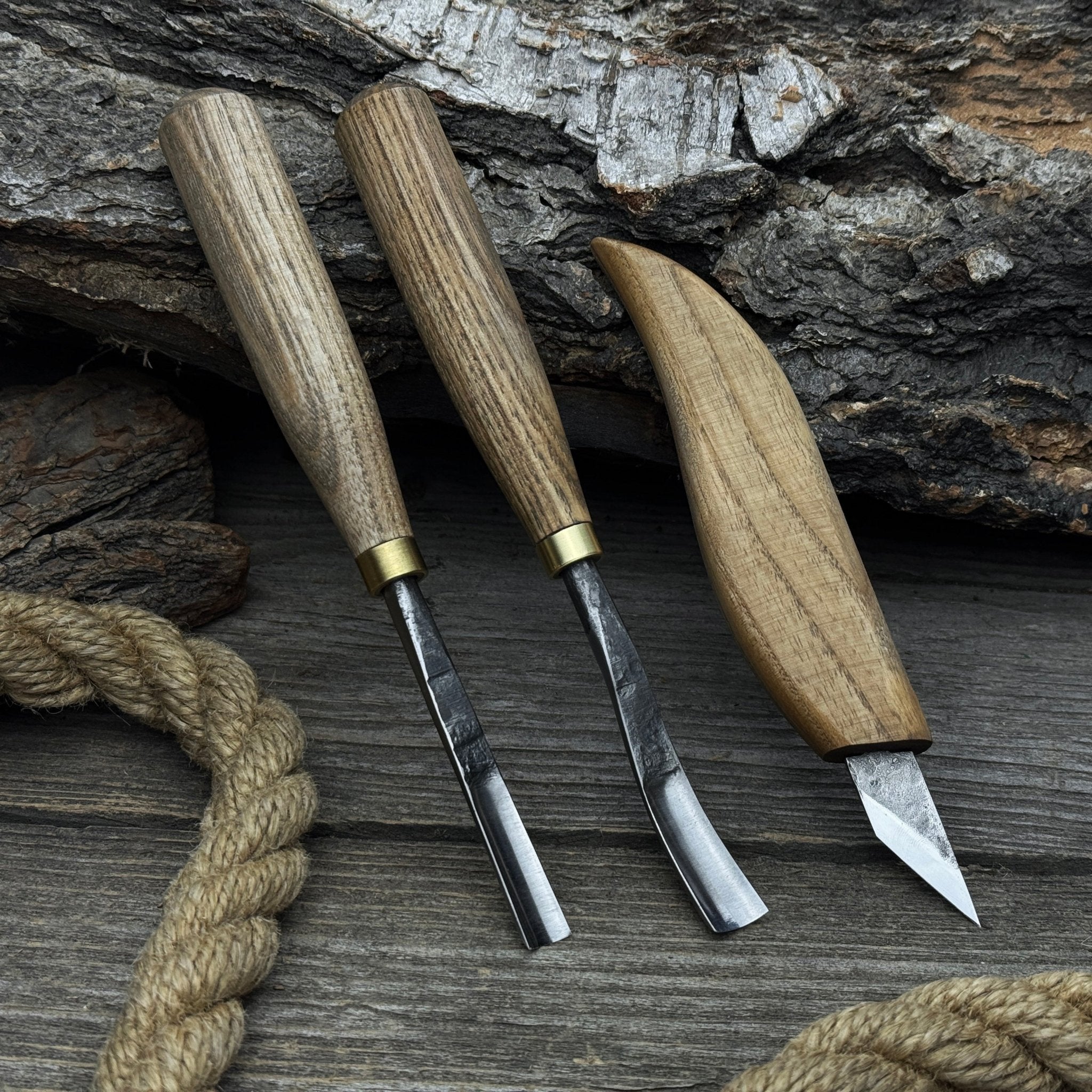 3-piece wood carving set with detail gouges and whittling knife by Sharky Forged Steel Tools