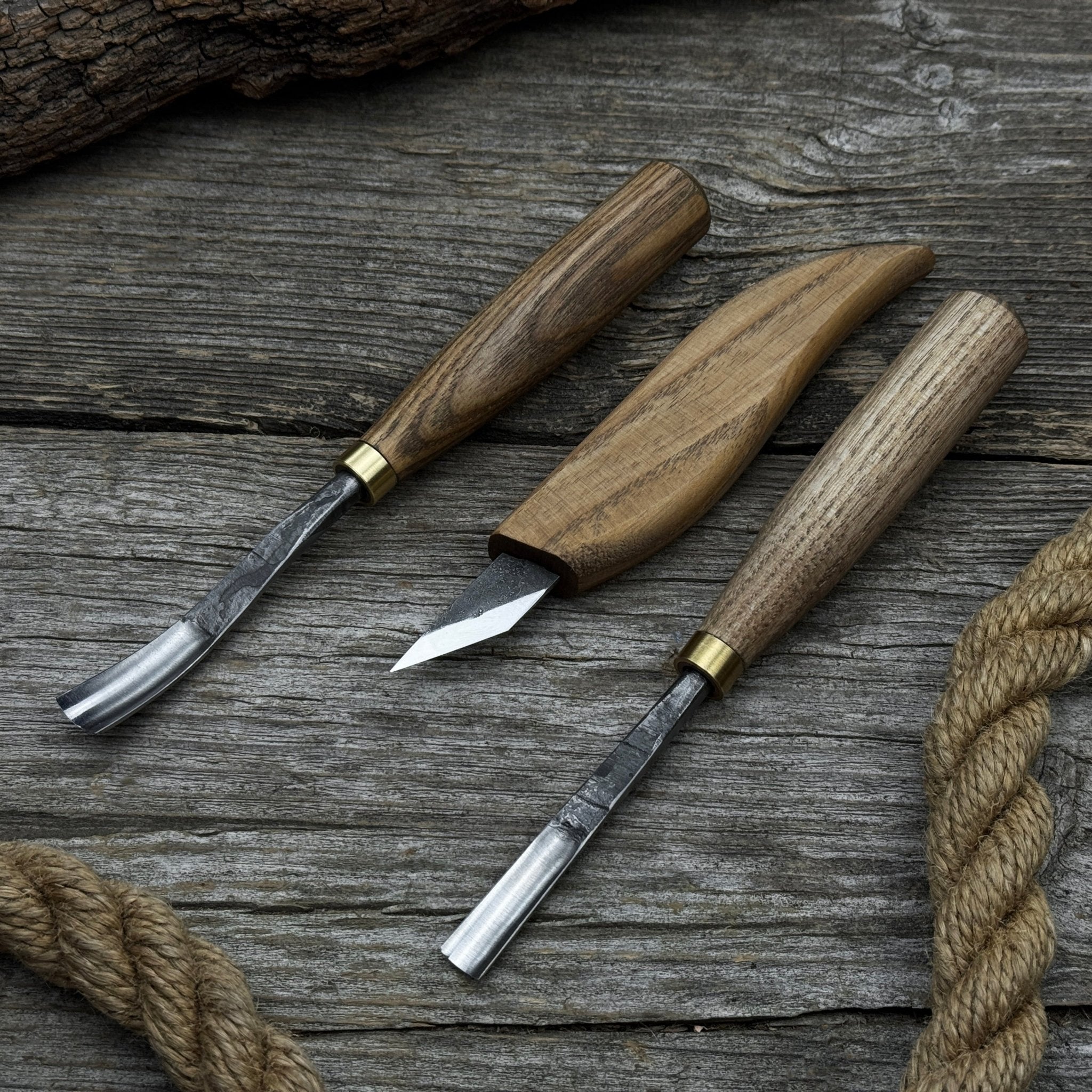 3-piece wood carving set with detail gouges and whittling knife by Sharky Forged Steel Tools