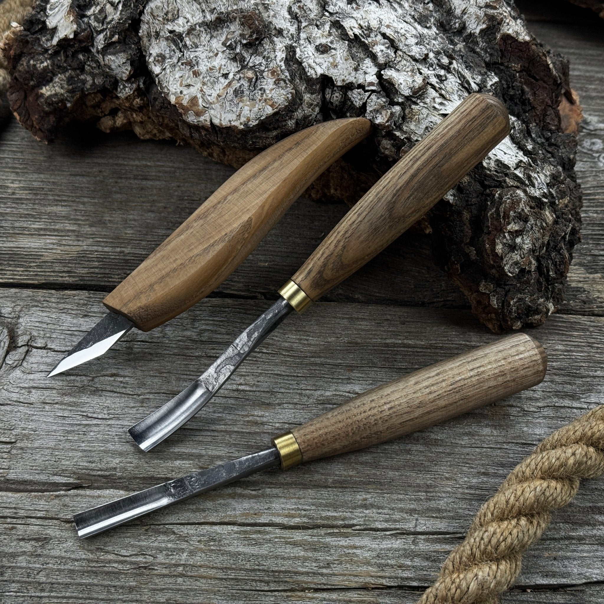 3-piece wood carving set with detail gouges and whittling knife by Sharky Forged Steel Tools