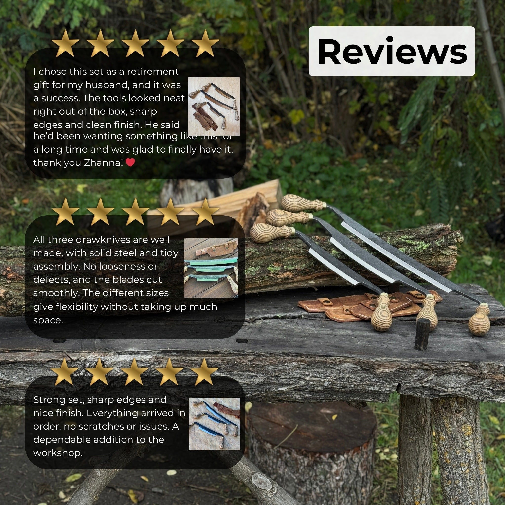 3-Piece Curved Drawknife Set with Palm Handles by Sharky Forged Steel Tools