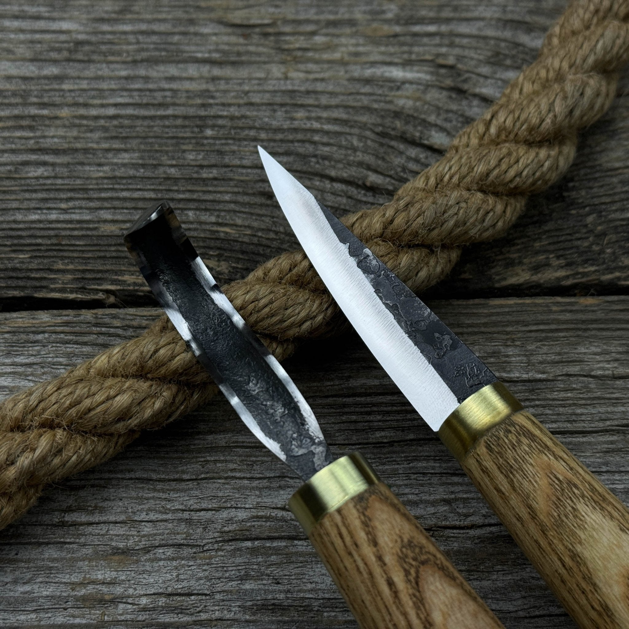 3-piece hand-forged spoon carving tool set including hook knife, whittling sloyd knife, and leather strop with leather case