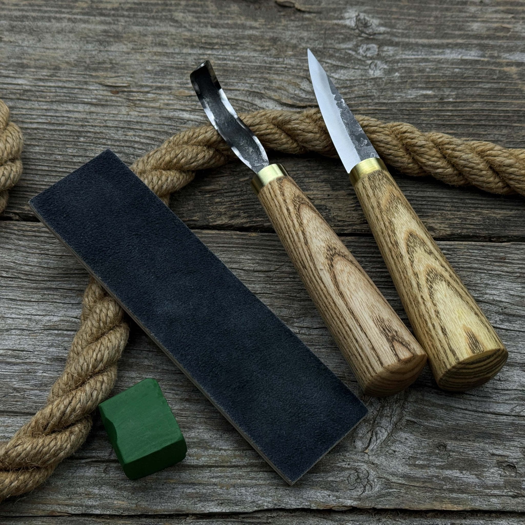 3-piece hand-forged spoon carving tool set including hook knife, whittling sloyd knife, and leather strop with leather case