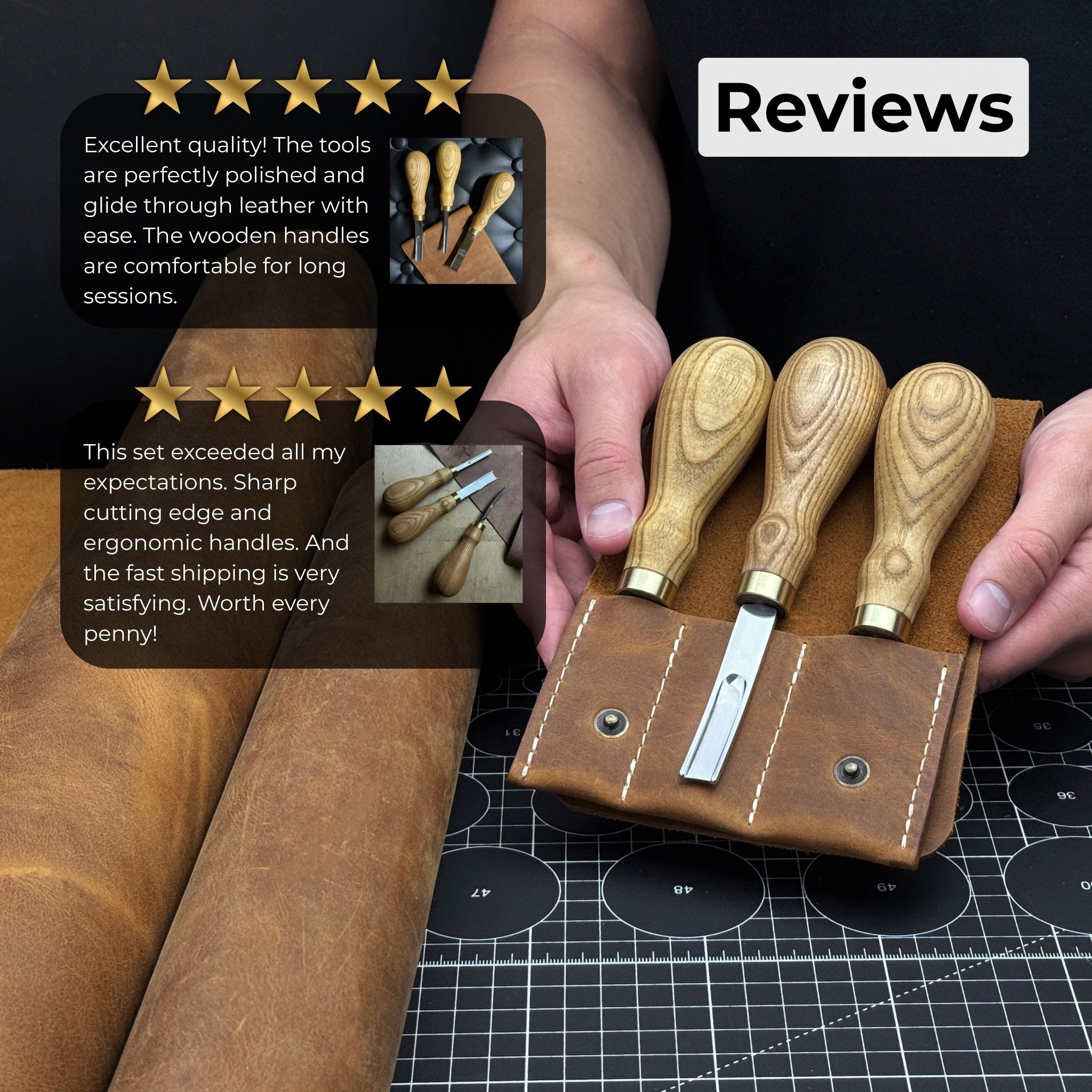 3-Piece Leather Edge Skiver Set with leather case by Sharky Forged Steel Tools