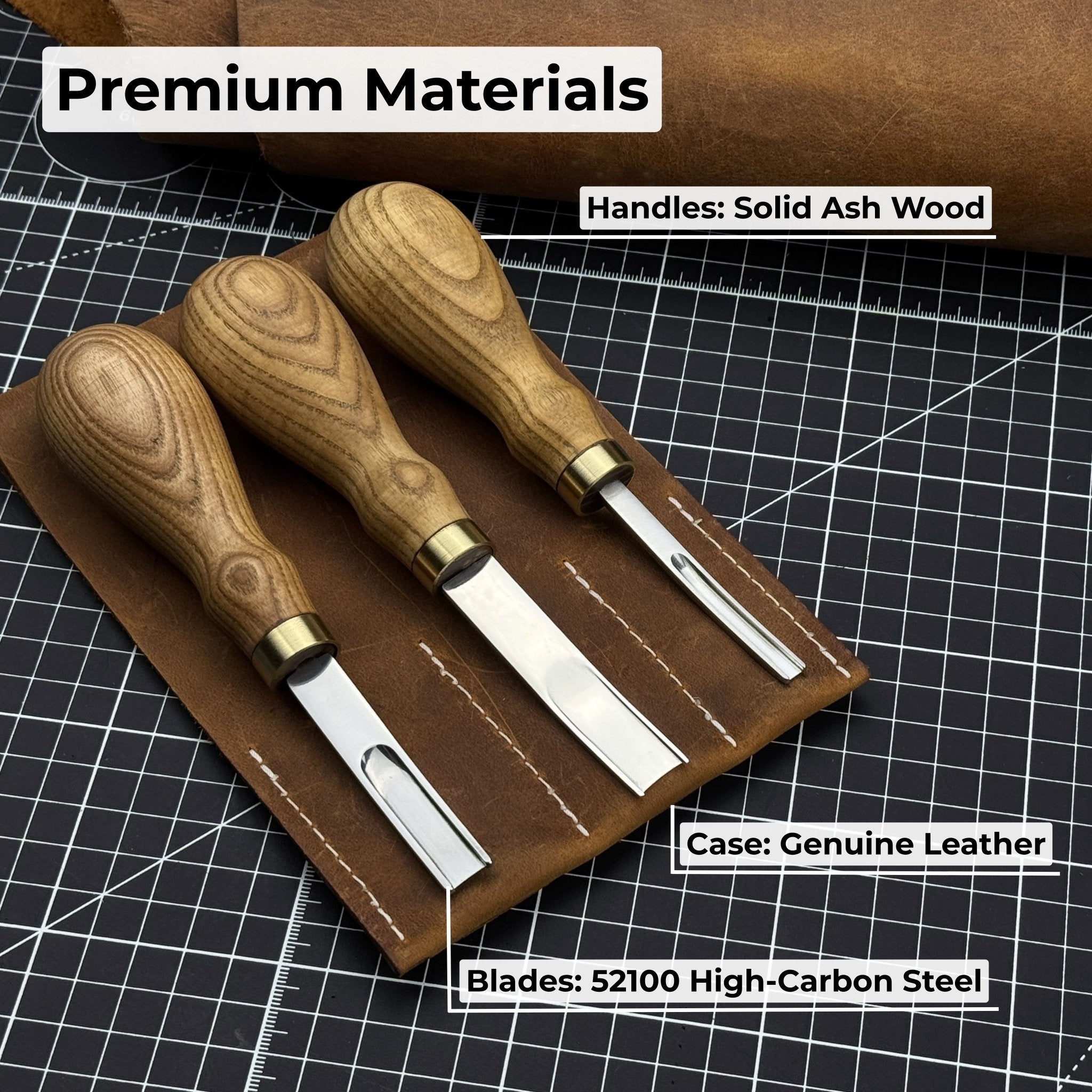 3-Piece Leather Edge Skiver Set with leather case by Sharky Forged Steel Tools