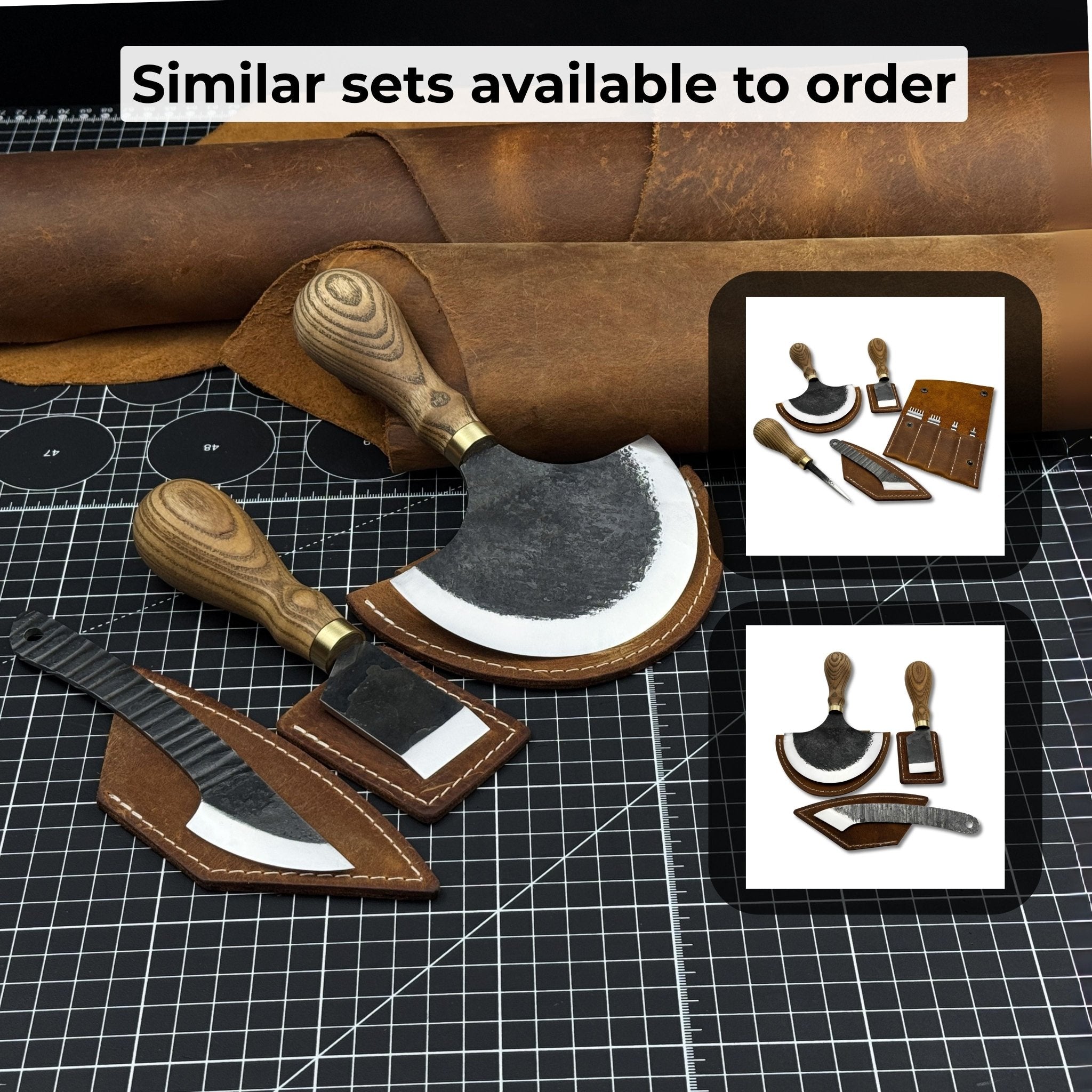 3-piece hand-forged leatherworking knife set with leather sheaths by Sharky Forged Steel Tools