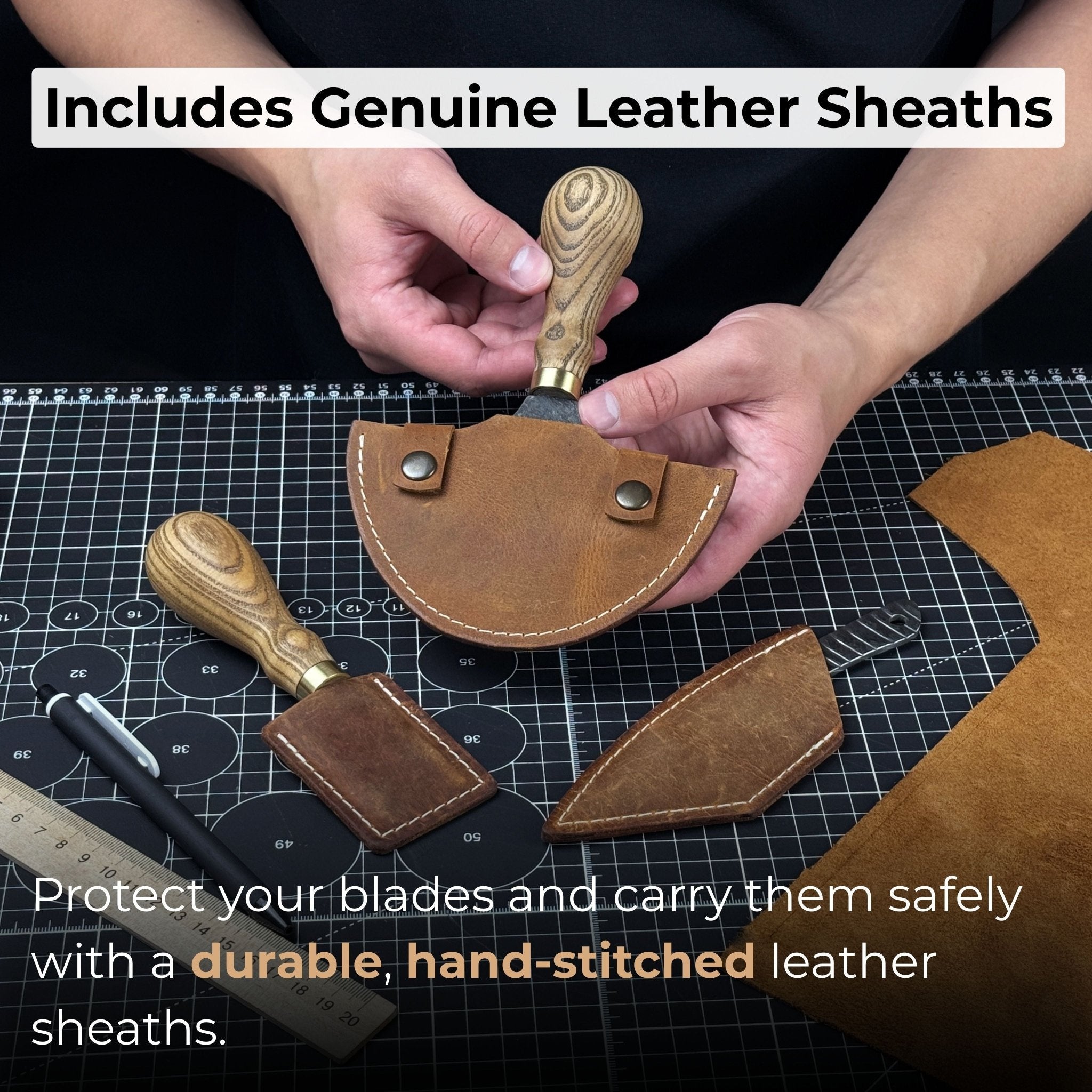 3-piece hand-forged leatherworking knife set with leather sheaths by Sharky Forged Steel Tools