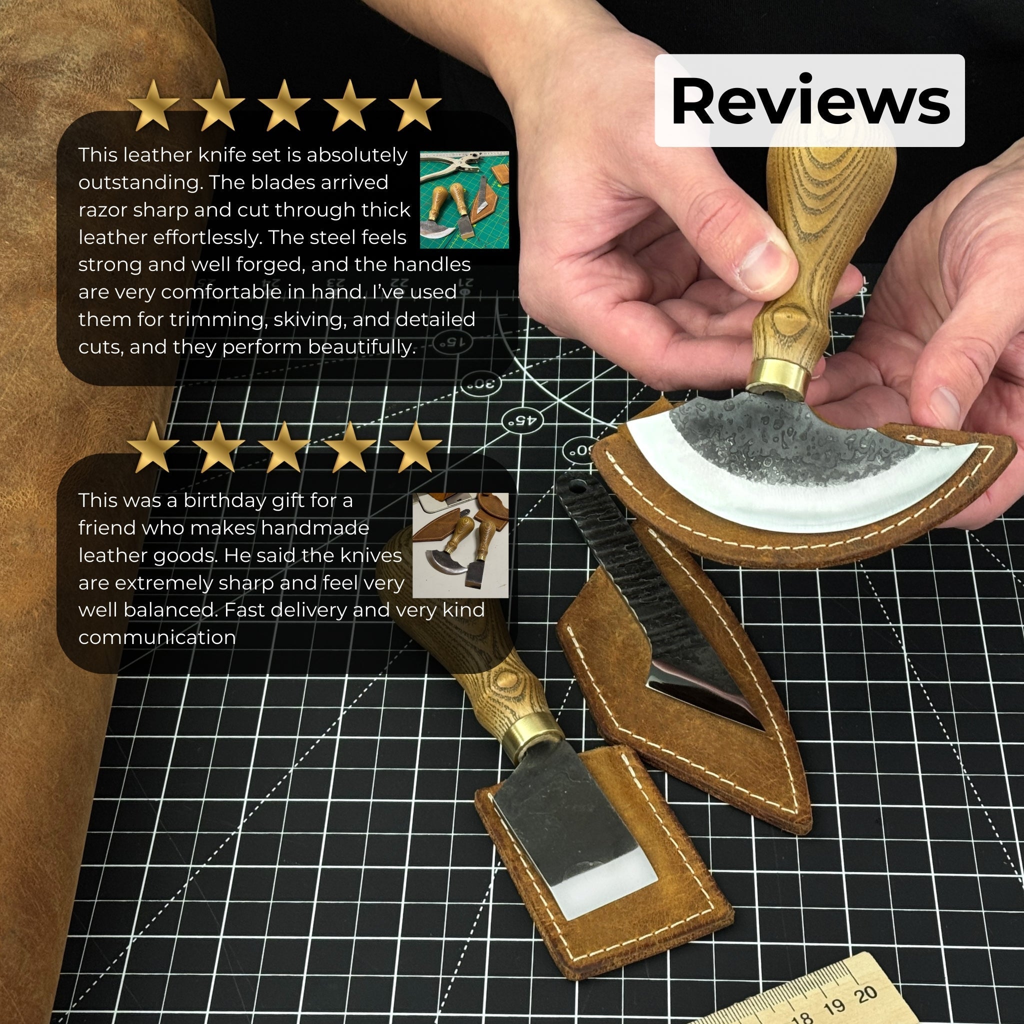 3-Piece Leatherworking Tool Set including Leather Round Knife, Straight Skiving Knife, and Marking Knife Kiridashi