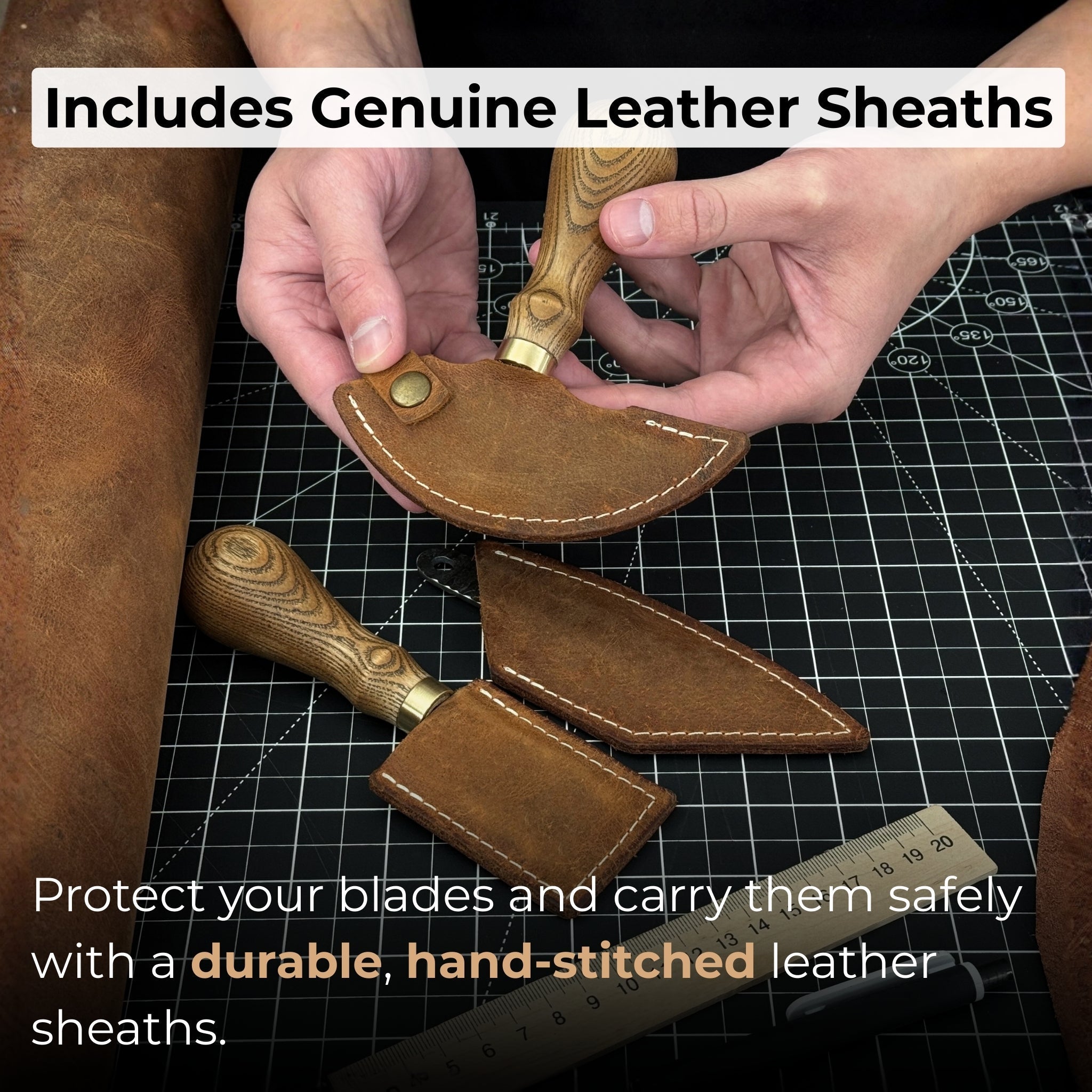 3-Piece Leatherworking Tool Set including Leather Round Knife, Straight Skiving Knife, and Marking Knife Kiridashi