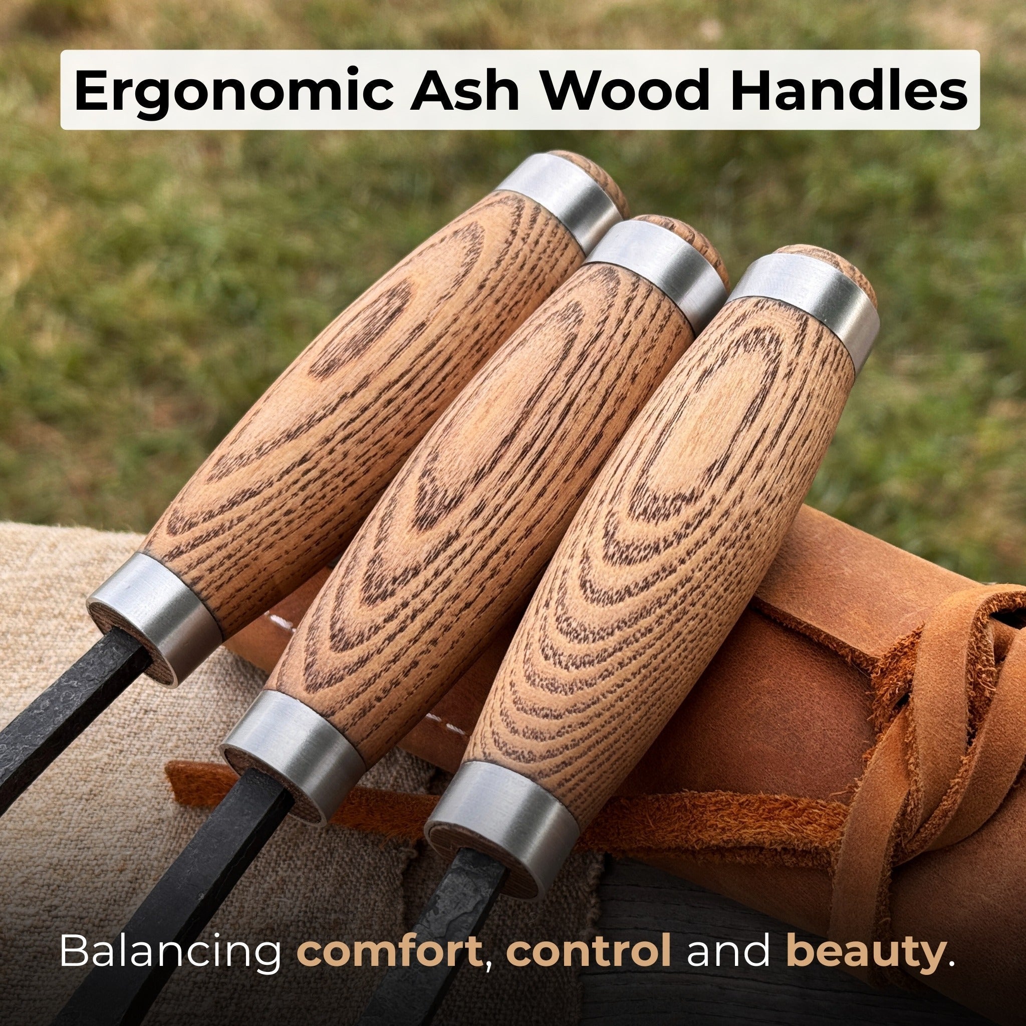 3-Piece Spoon Bent Gouge Set with ergonomic ash wood handles and curved high-carbon steel blades