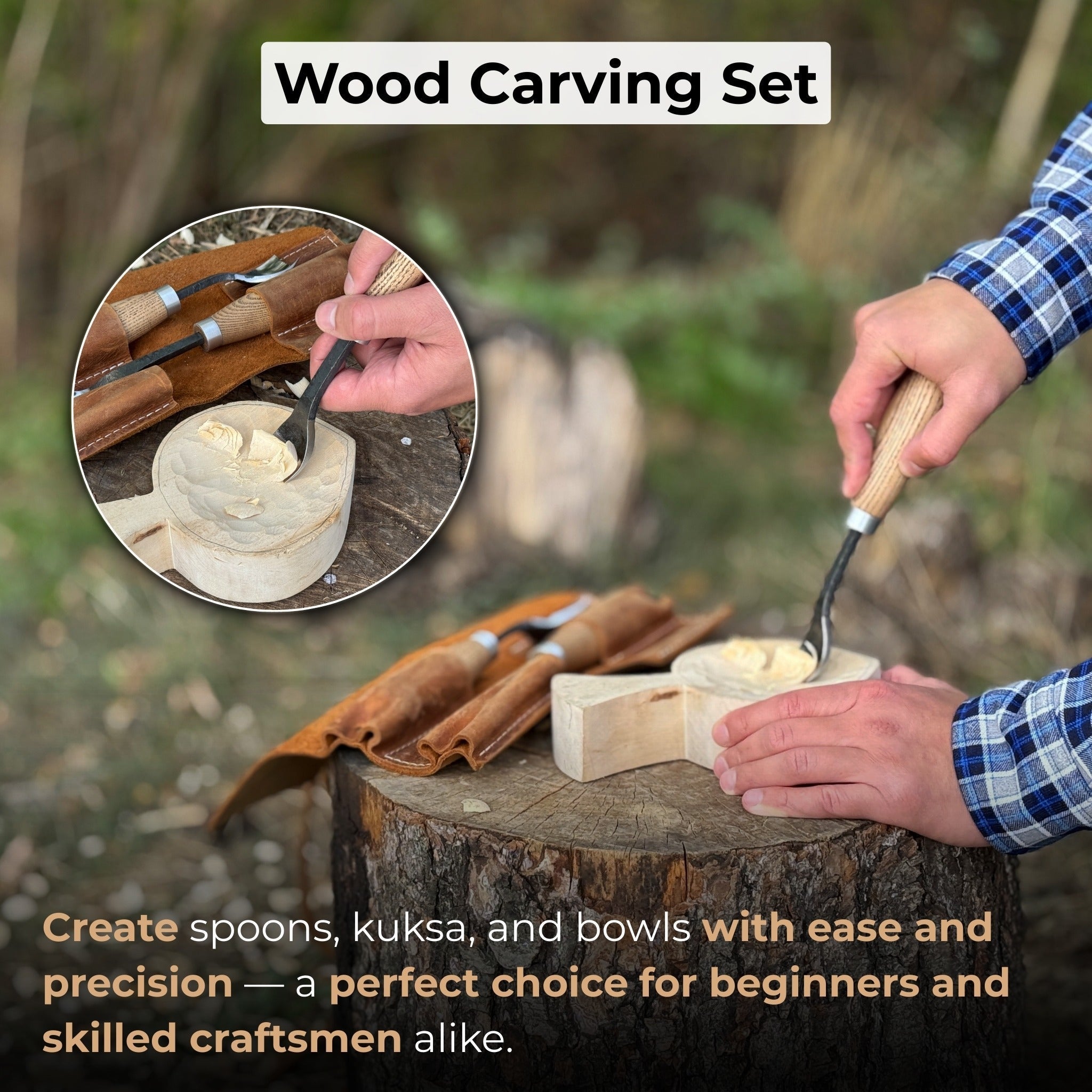 3-Piece Spoon Bent Gouge Set with ergonomic ash wood handles and curved high-carbon steel blades