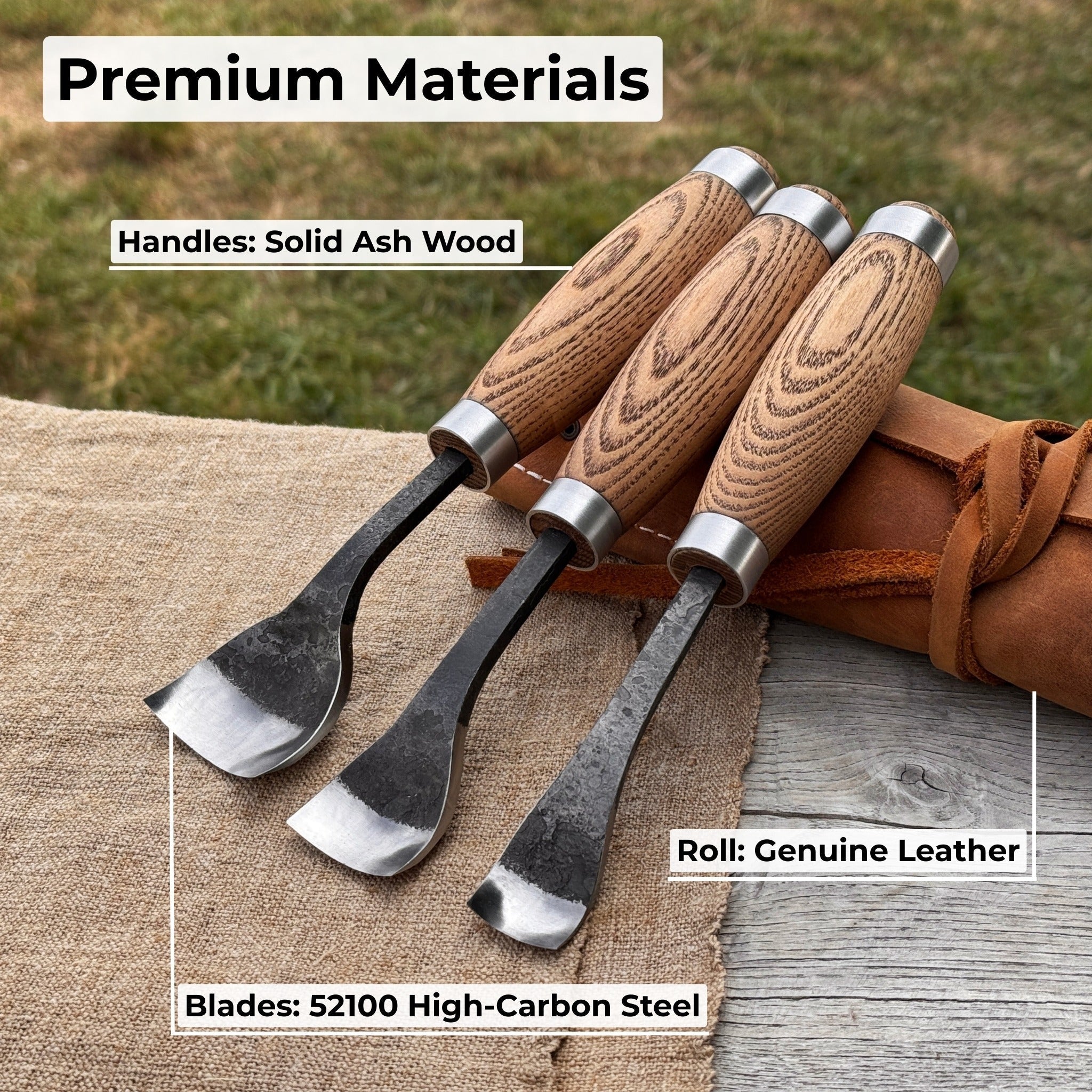 3-Piece Spoon Bent Gouge Set with ergonomic ash wood handles and curved high-carbon steel blades