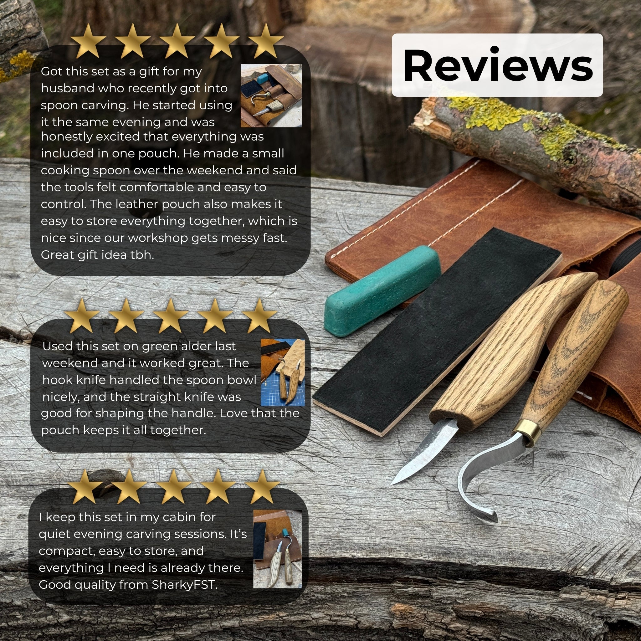 3-piece spoon carving set including whittling knife, hook knife, and leather sharpening strop with ash wood handles