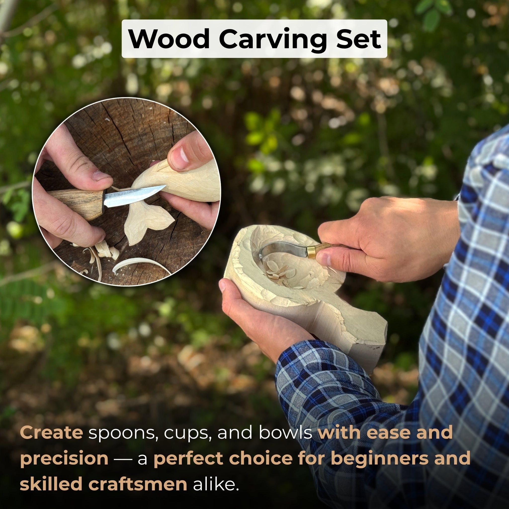 3-piece spoon carving set including whittling knife, hook knife, and leather sharpening strop with ash wood handles