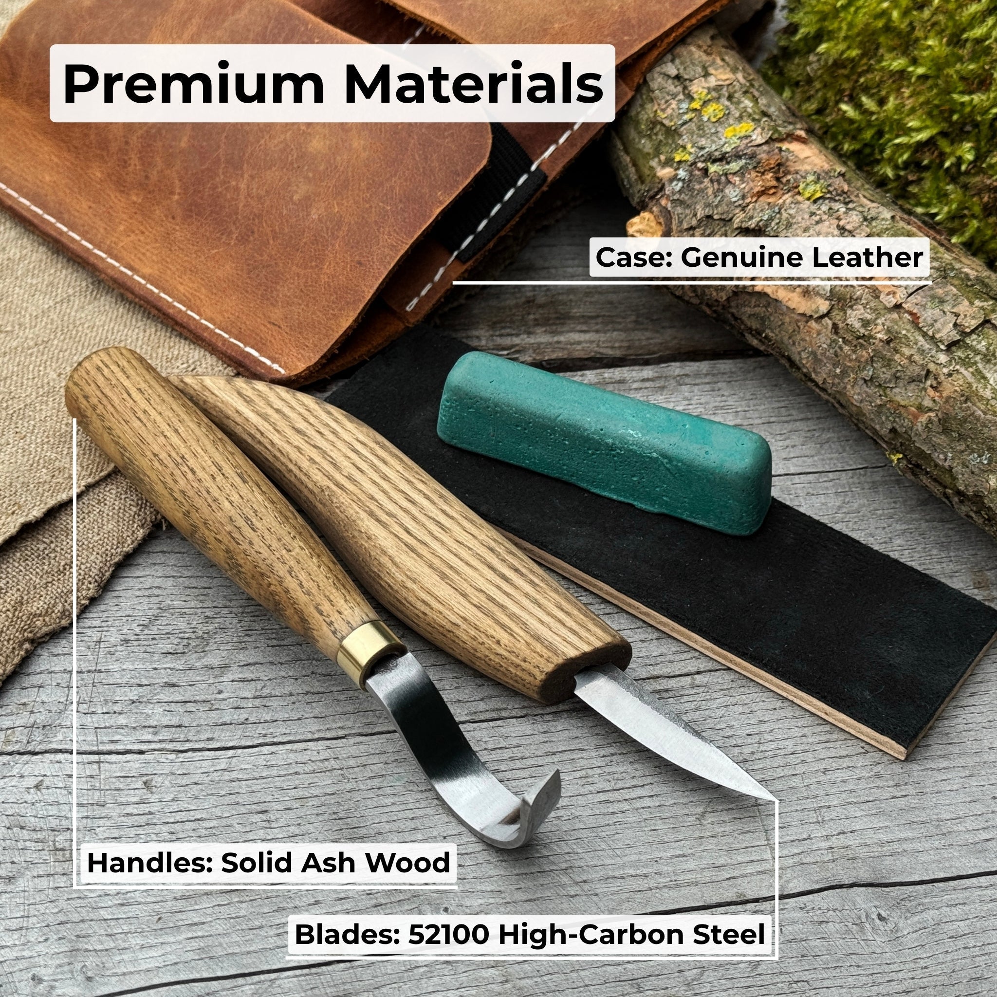 3-piece spoon carving set including whittling knife, hook knife, and leather sharpening strop with ash wood handles