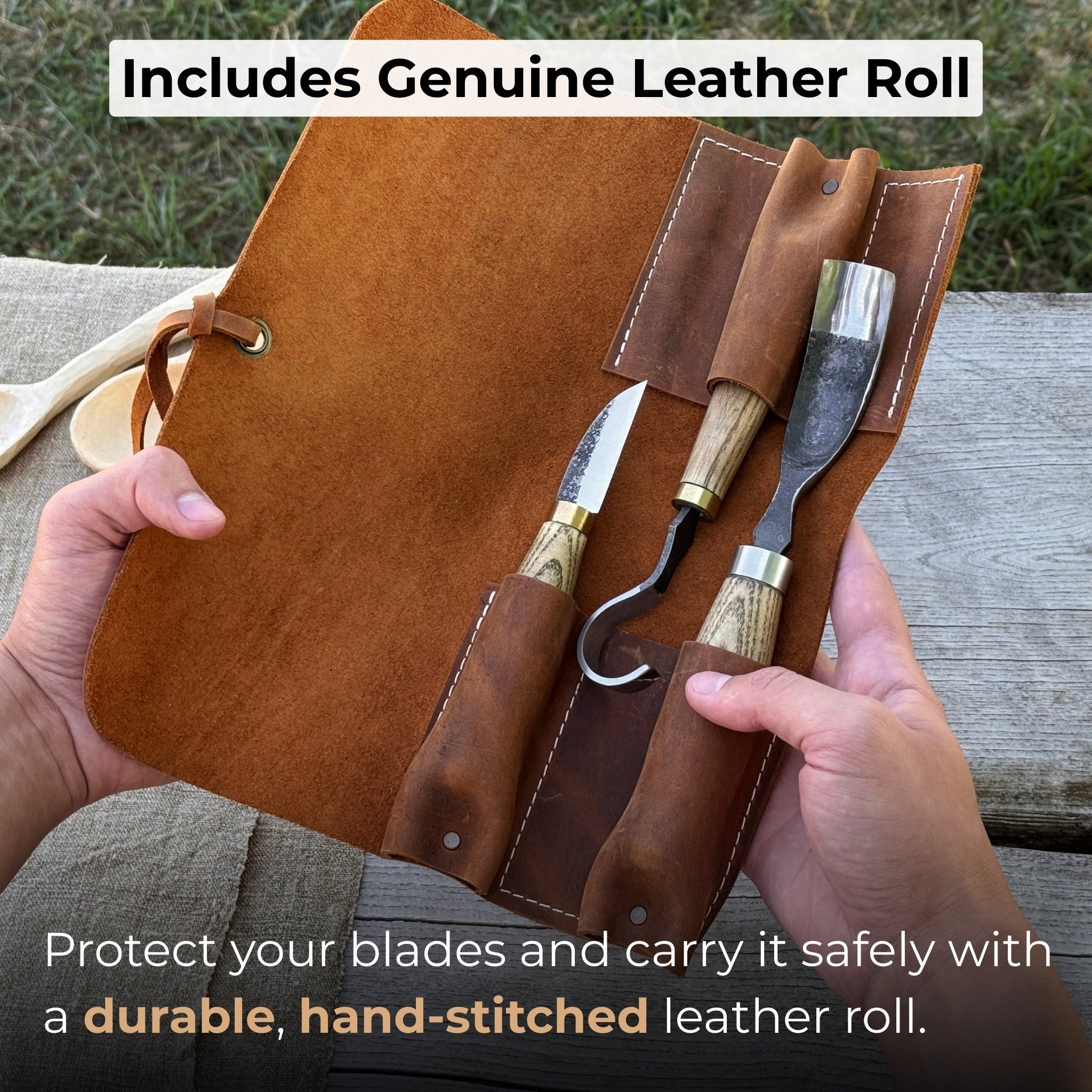 3-piece spoon carving set with leather roll by Sharky Forged Steel Tools showing hook knife, whittling knife, bent gouge, and leather storage roll