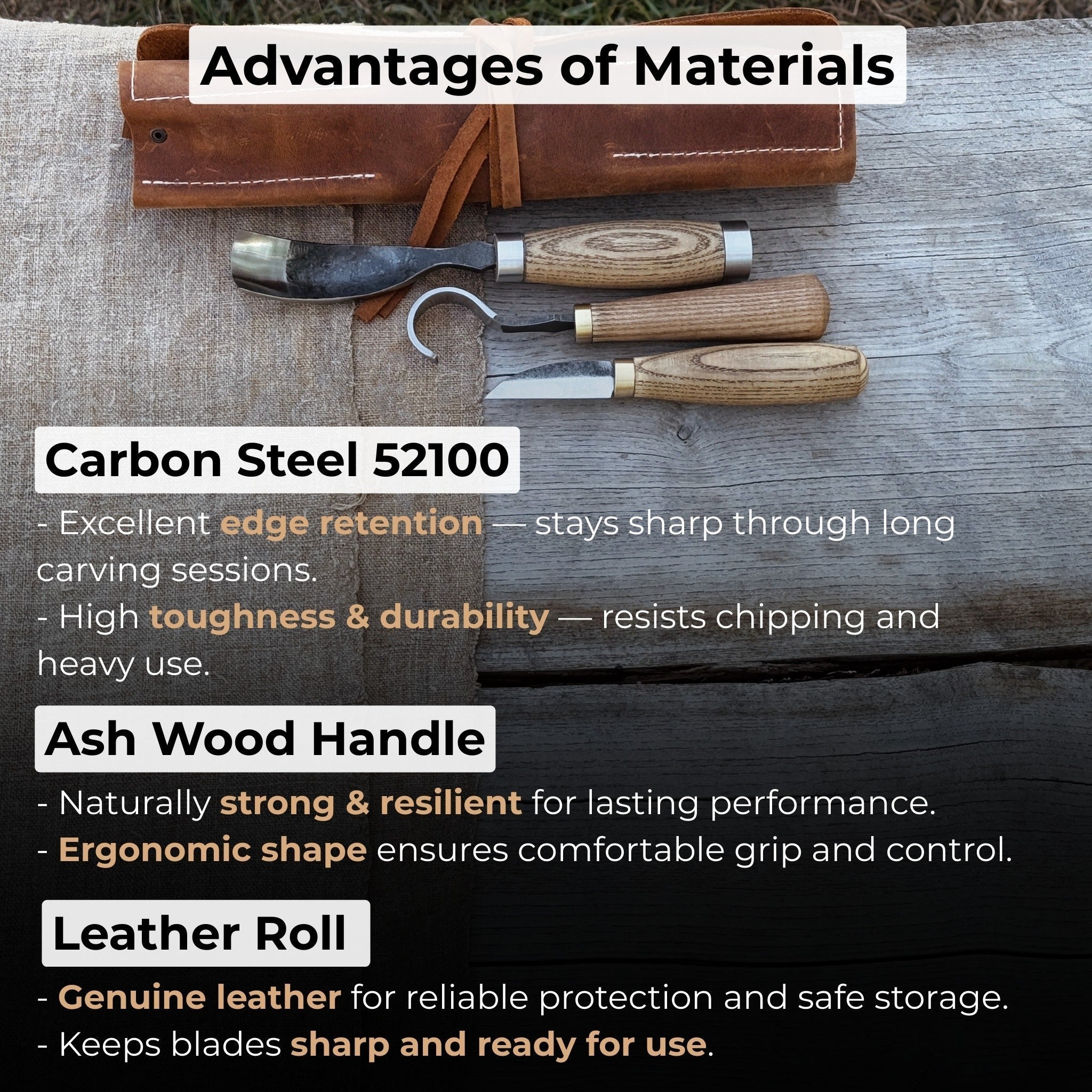 3-piece spoon carving set with leather roll by Sharky Forged Steel Tools showing hook knife, whittling knife, bent gouge, and leather storage roll