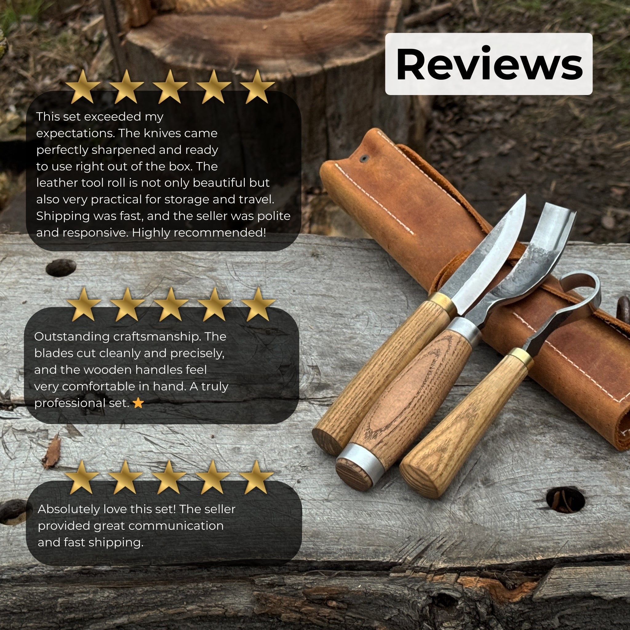 3-piece spoon carving tool set with hand-forged steel blades and ash wood handles