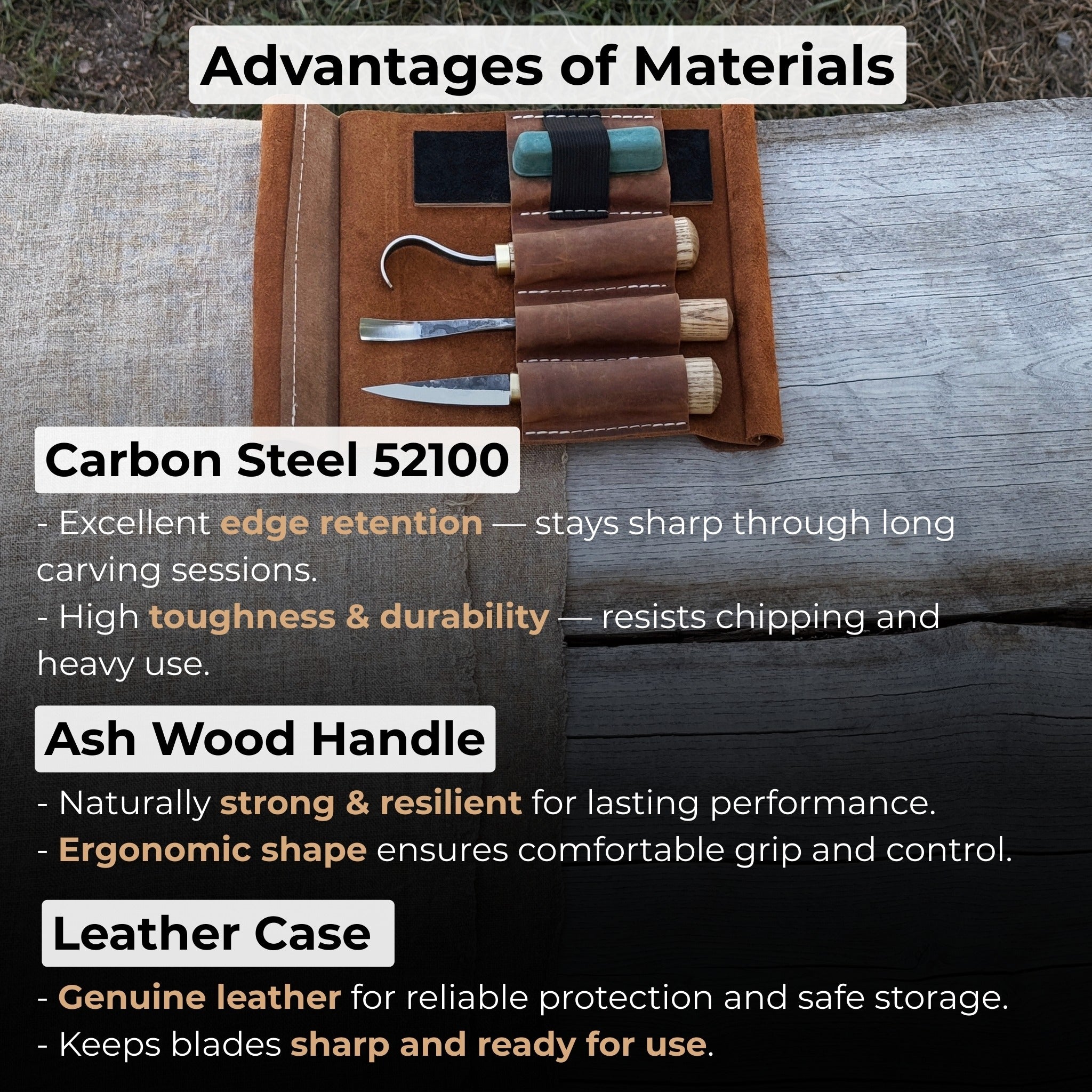 3-piece spoon carving tool set with sharpening board and leather case by Sharky Forged Steel Tools