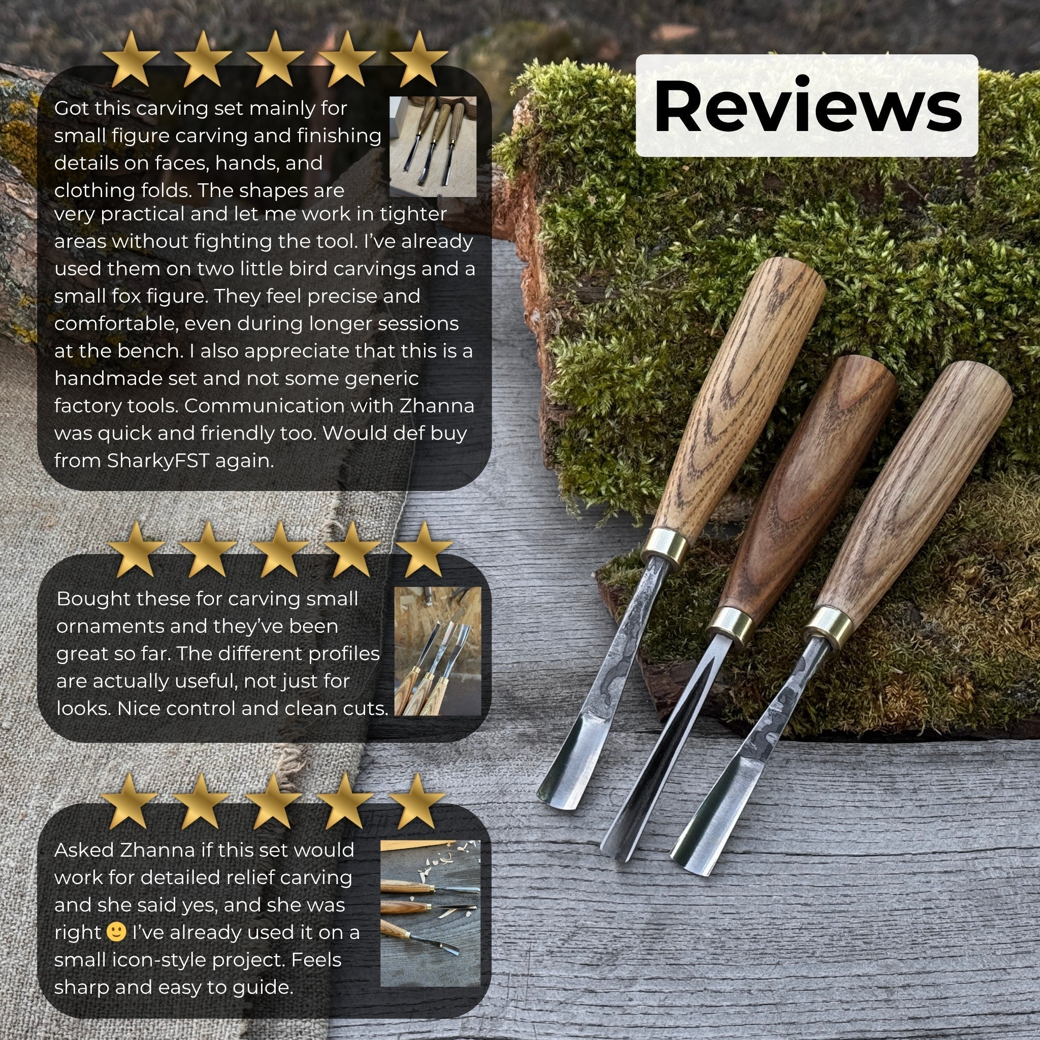 3-piece wood carving chisel and gouge set with ash wood handles and forged steel blades