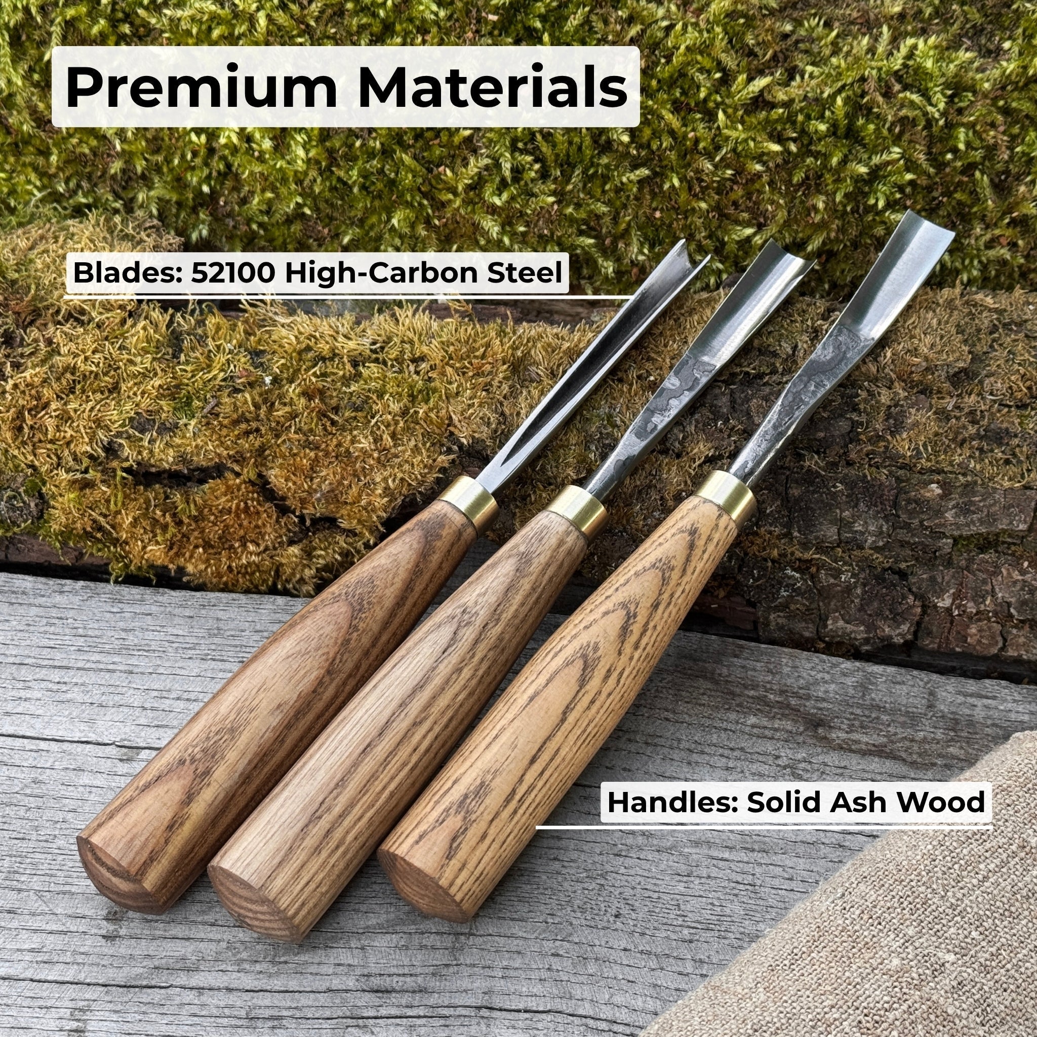 3-piece wood carving chisel and gouge set with ash wood handles and forged steel blades