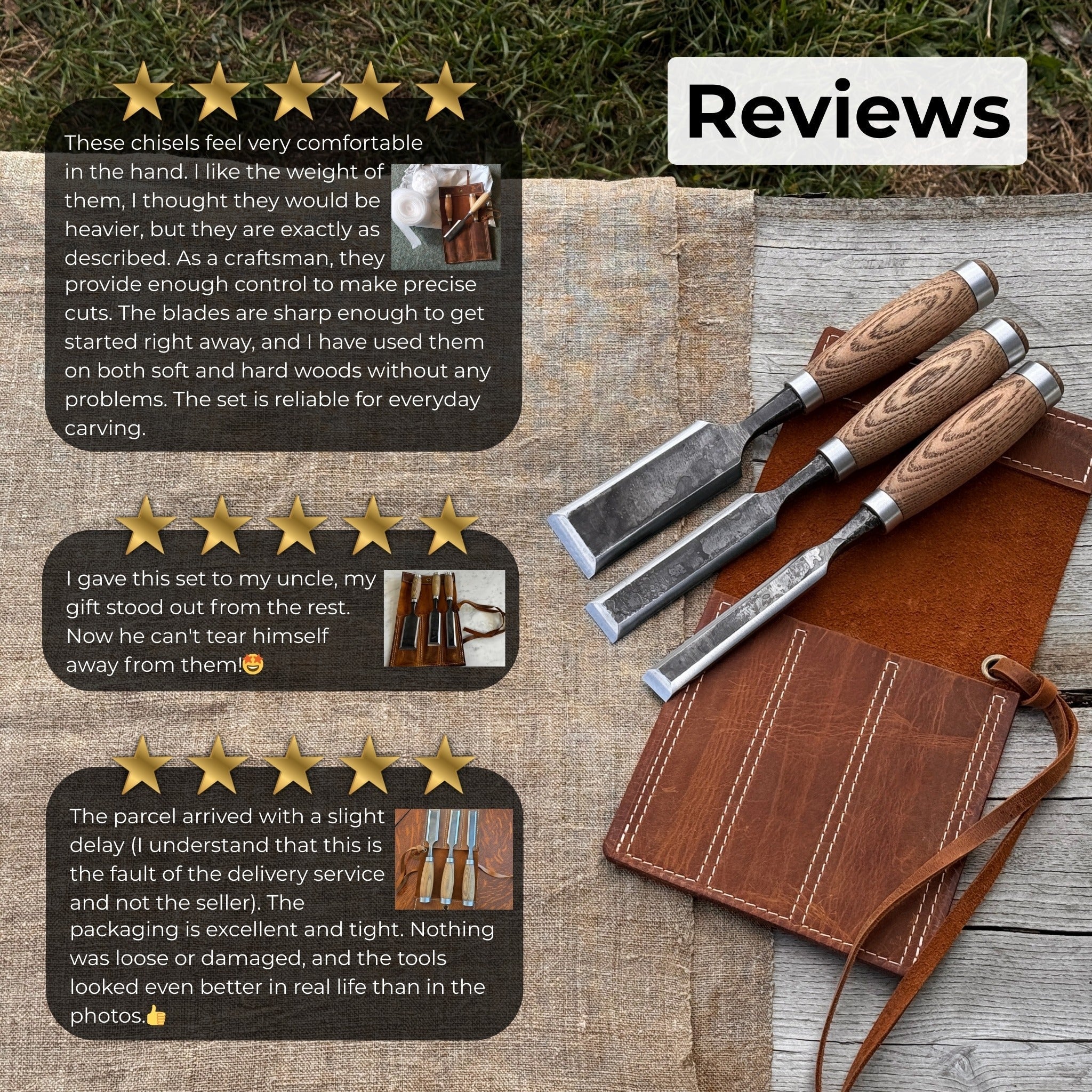 3-Piece Wood Carving Chisel Set with ash wood handles and carbon steel blades