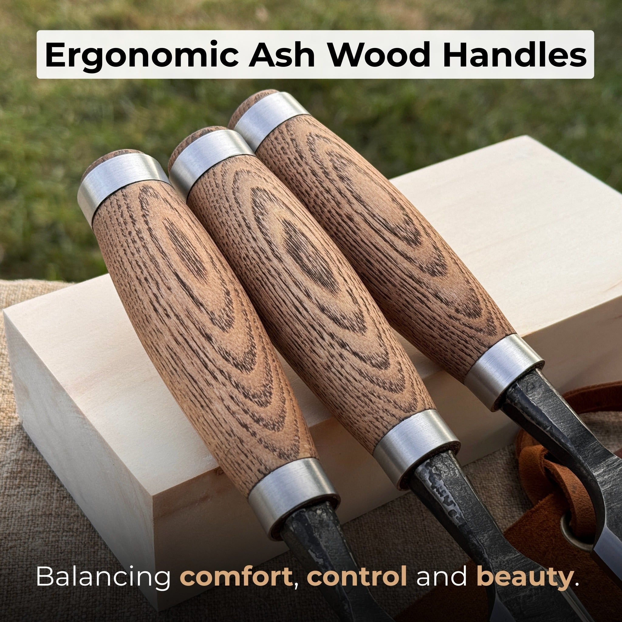 3-Piece Wood Carving Chisel Set with ash wood handles and carbon steel blades
