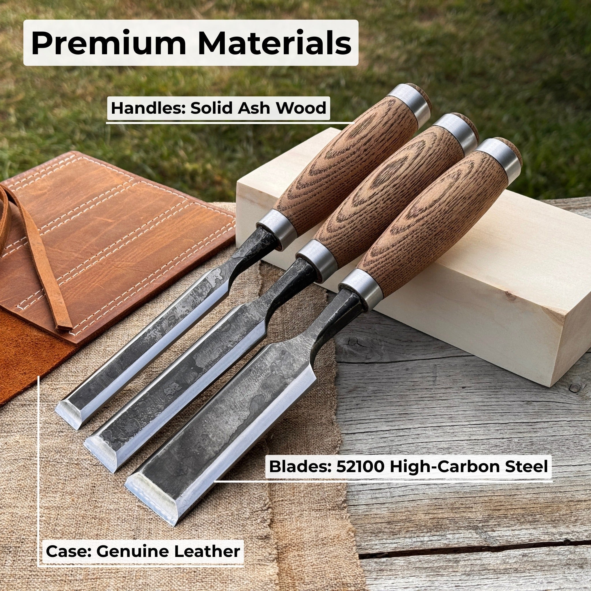 3-Piece Wood Carving Chisel Set with ash wood handles and carbon steel blades