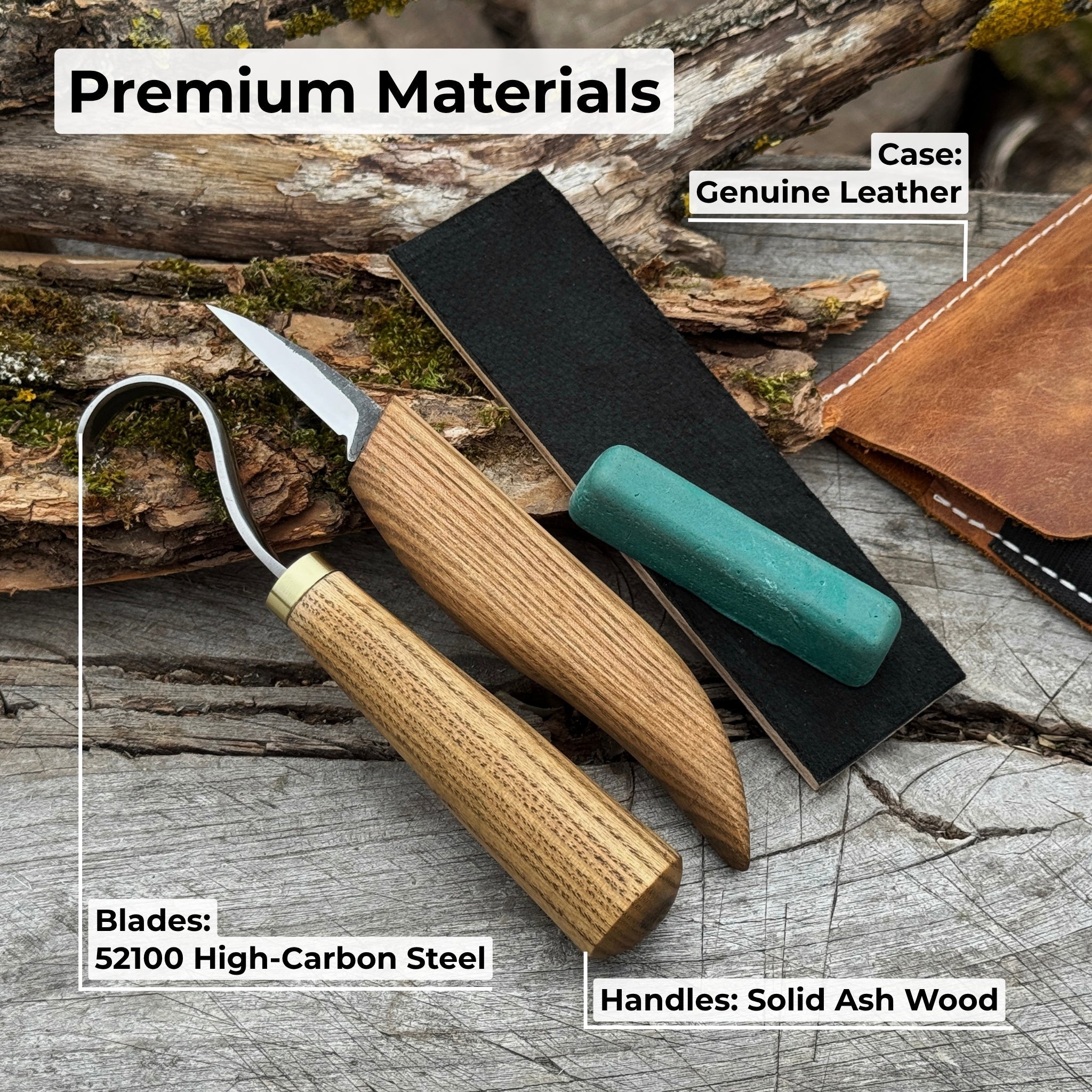 3-piece wood carving knife set with whittling knife, hook knife, and leather strop by Sharky Forged Steel Tools