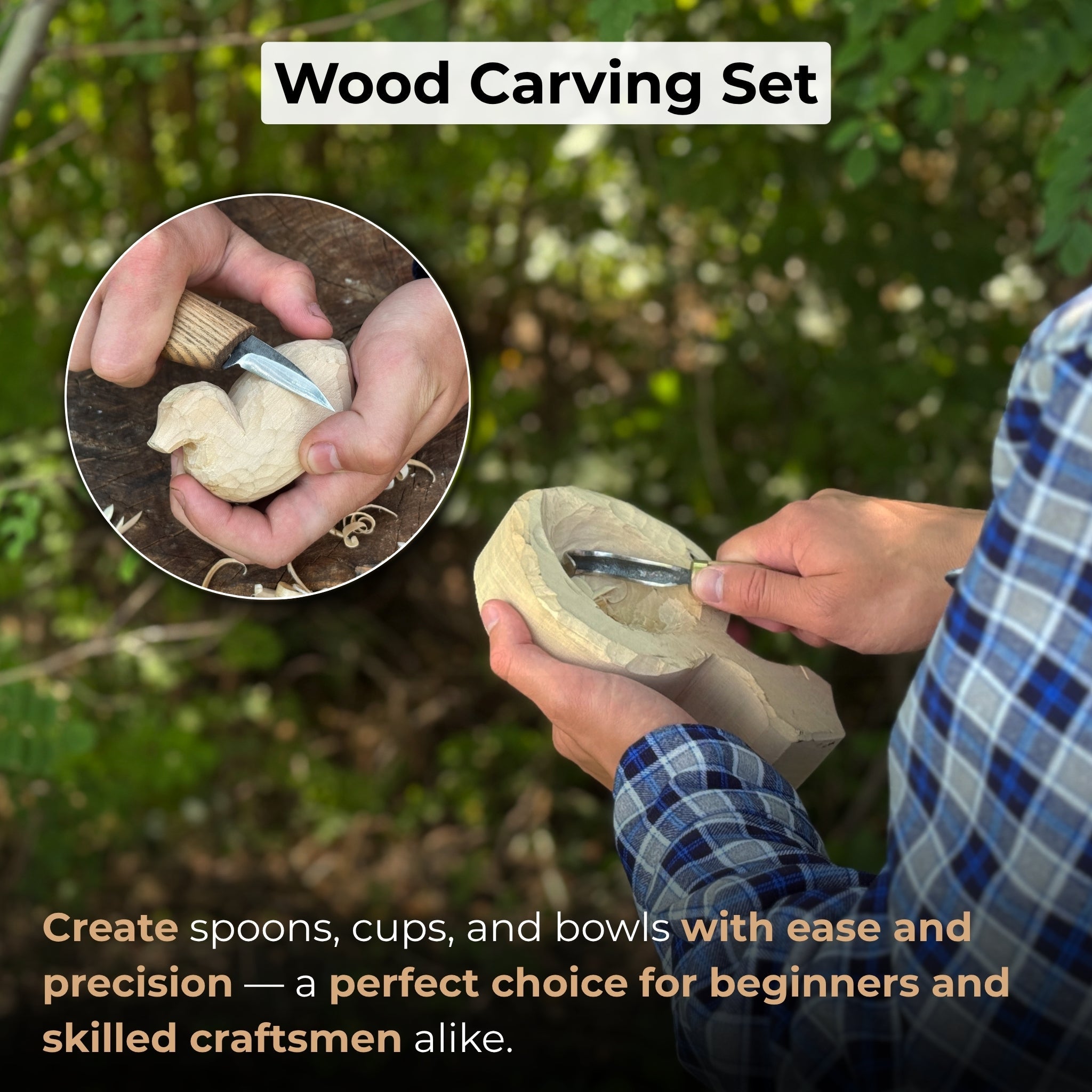 3-piece wood carving knife set with whittling knife, hook knife, and leather strop by Sharky Forged Steel Tools