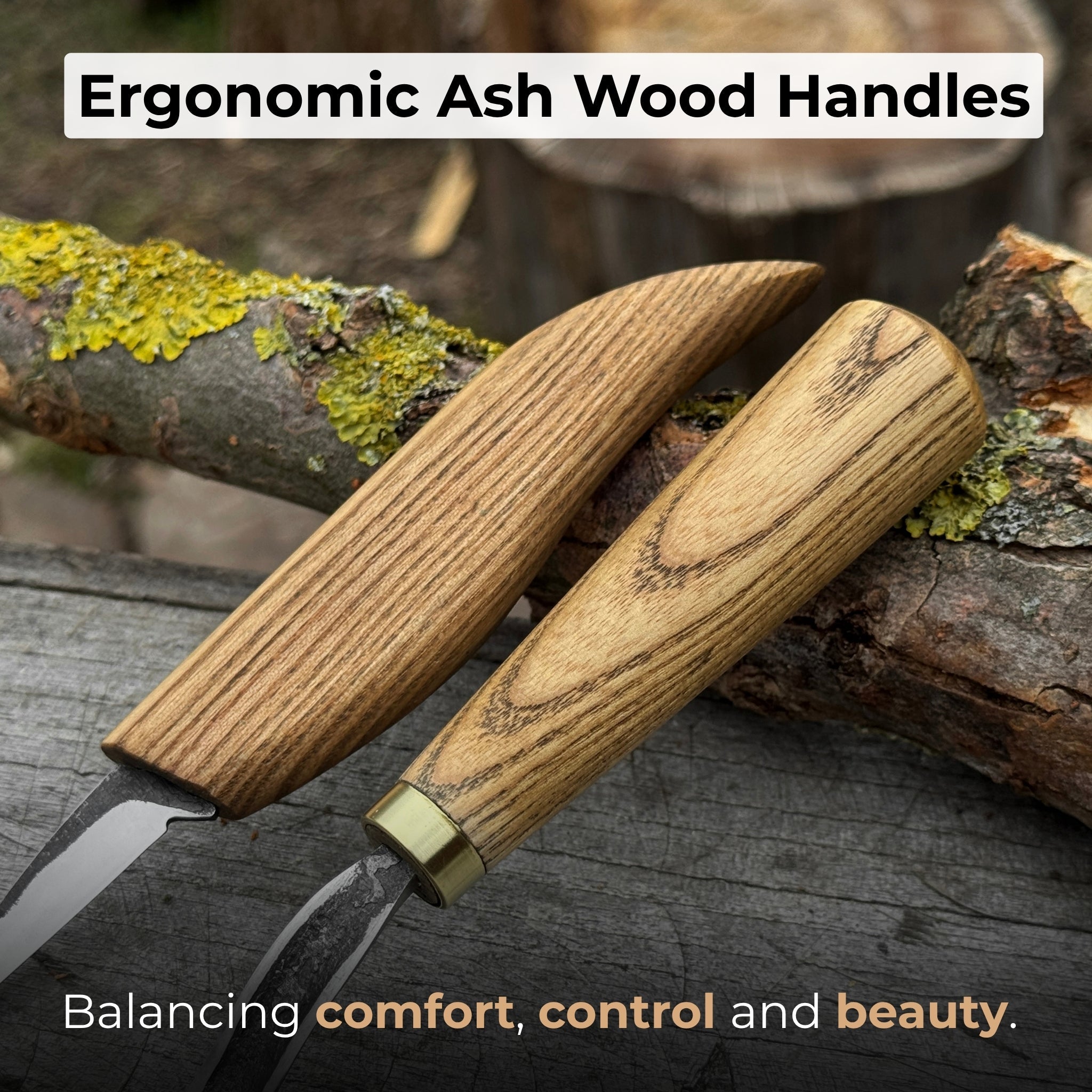 3-piece wood carving knife set with whittling knife, hook knife, and leather strop by Sharky Forged Steel Tools