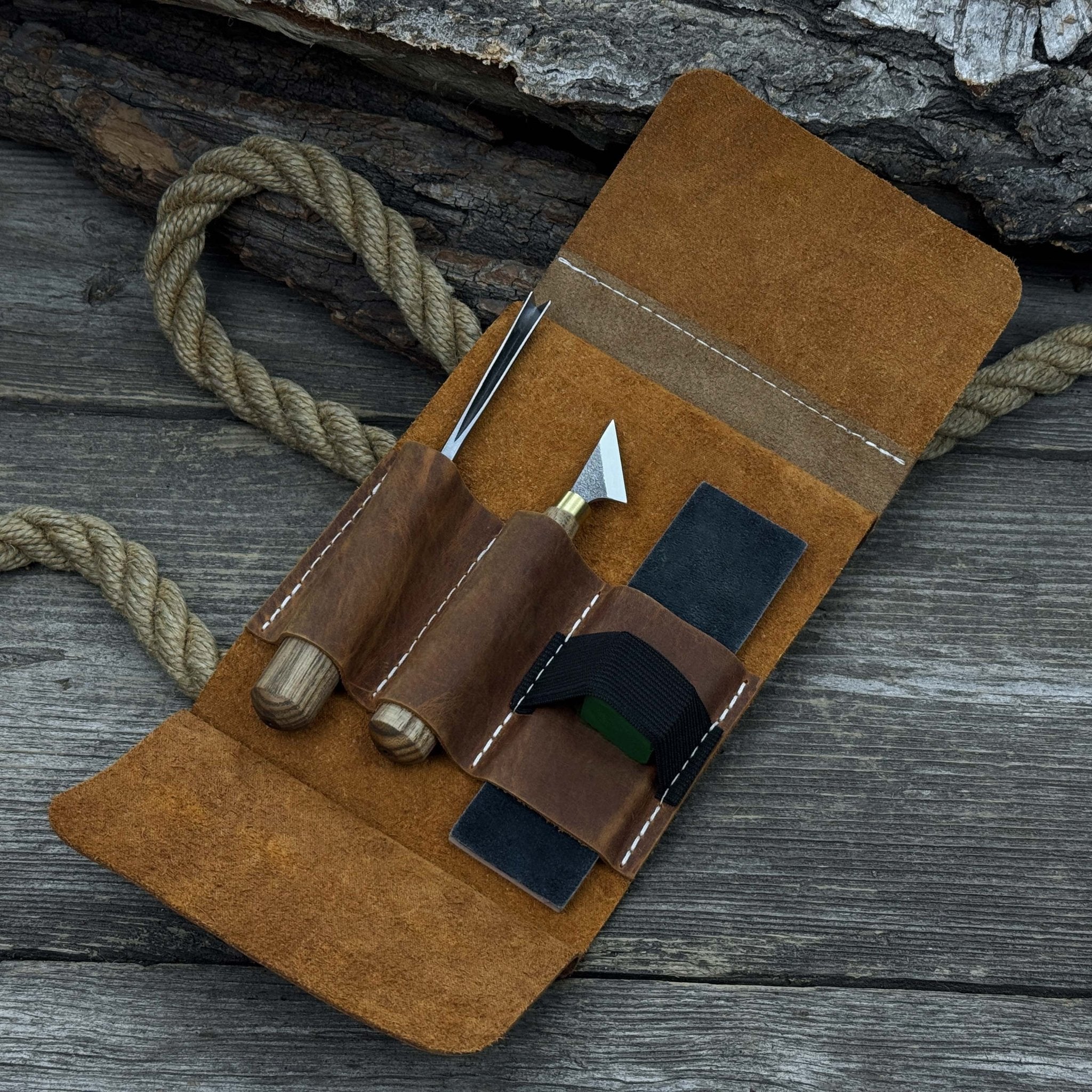 3-piece wood carving tool set with leather case including chip carving knife, V-parting chisel, and leather strop