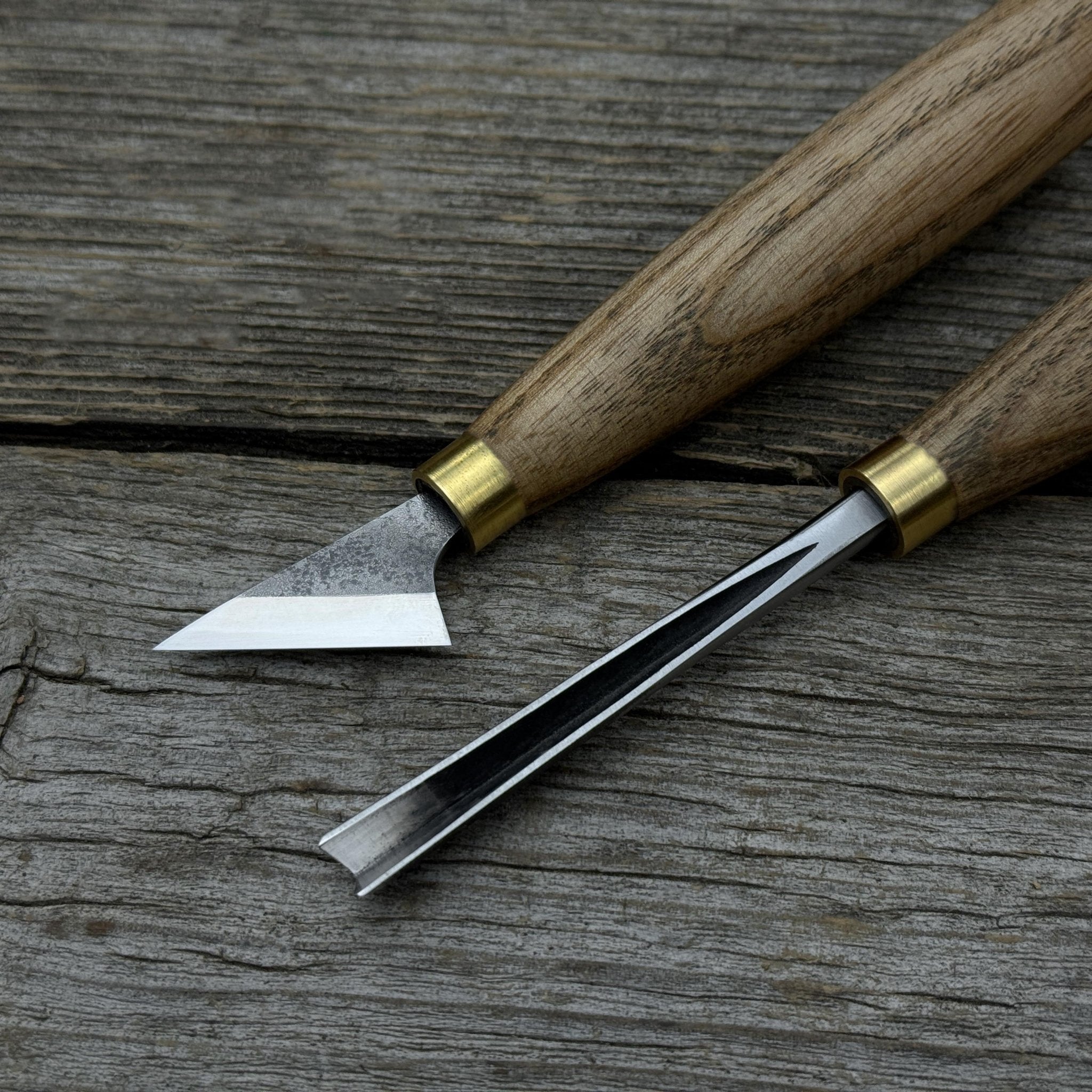 3-piece wood carving tool set with leather case including chip carving knife, V-parting chisel, and leather strop