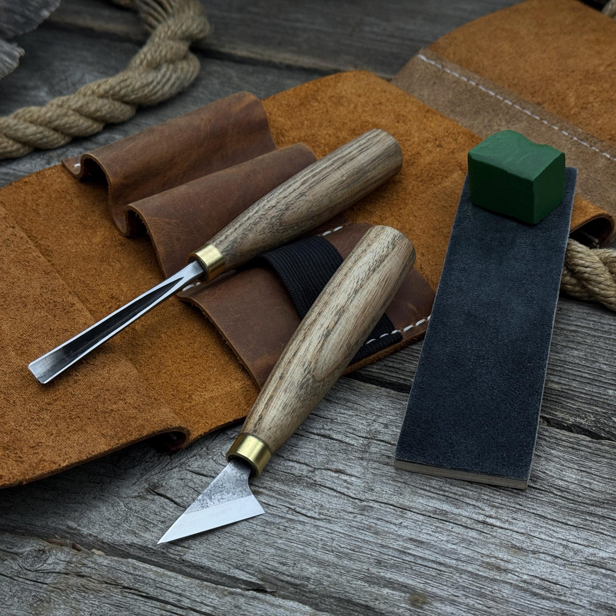 3-piece wood carving tool set with leather case including chip carving knife, V-parting chisel, and leather strop