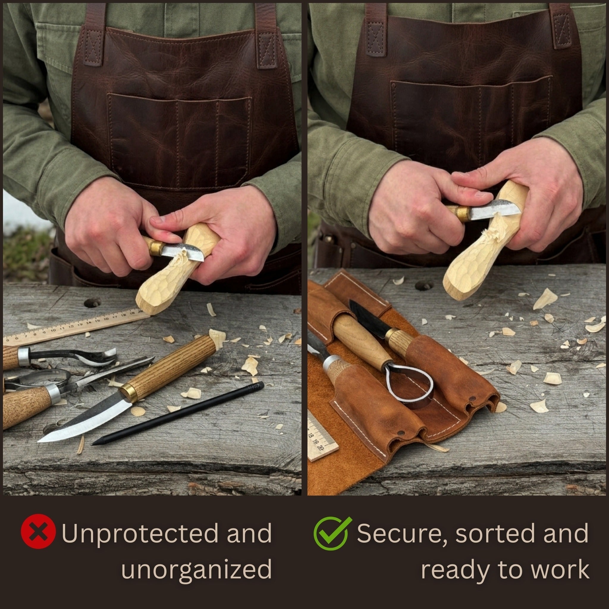 Handmade 3 Pocket Leather Tool Roll made from genuine Crazy Horse leather by Sharky Forged Steel Tools