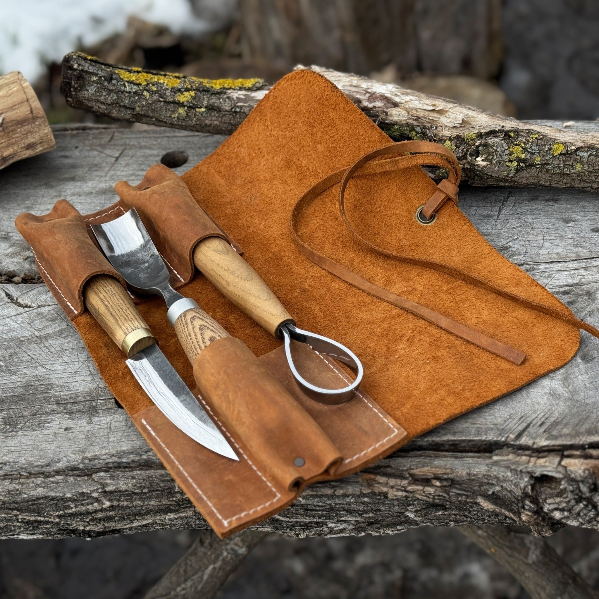 Handmade 3 Pocket Leather Tool Roll made from genuine Crazy Horse leather by Sharky Forged Steel Tools