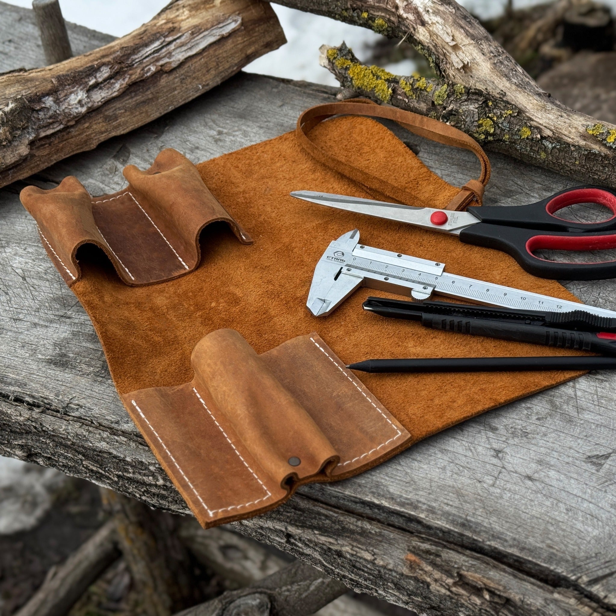 Handmade 3 Pocket Leather Tool Roll made from genuine Crazy Horse leather by Sharky Forged Steel Tools