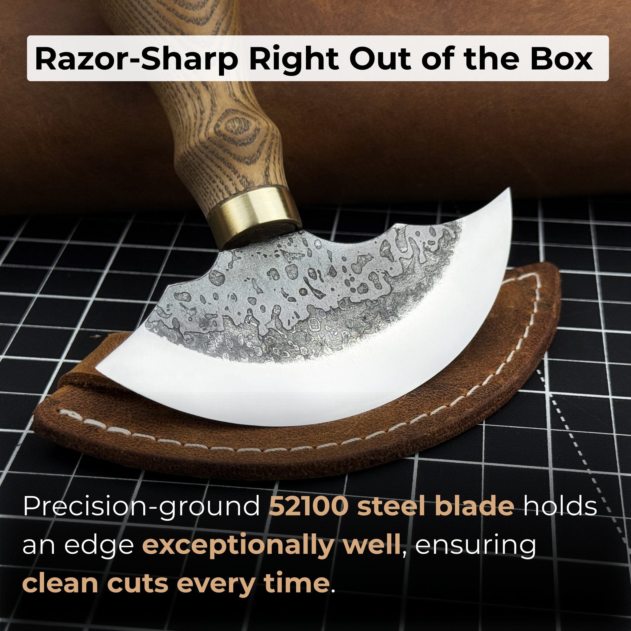 Hand-forged leather round knife with ash wood handle and carbon steel blade