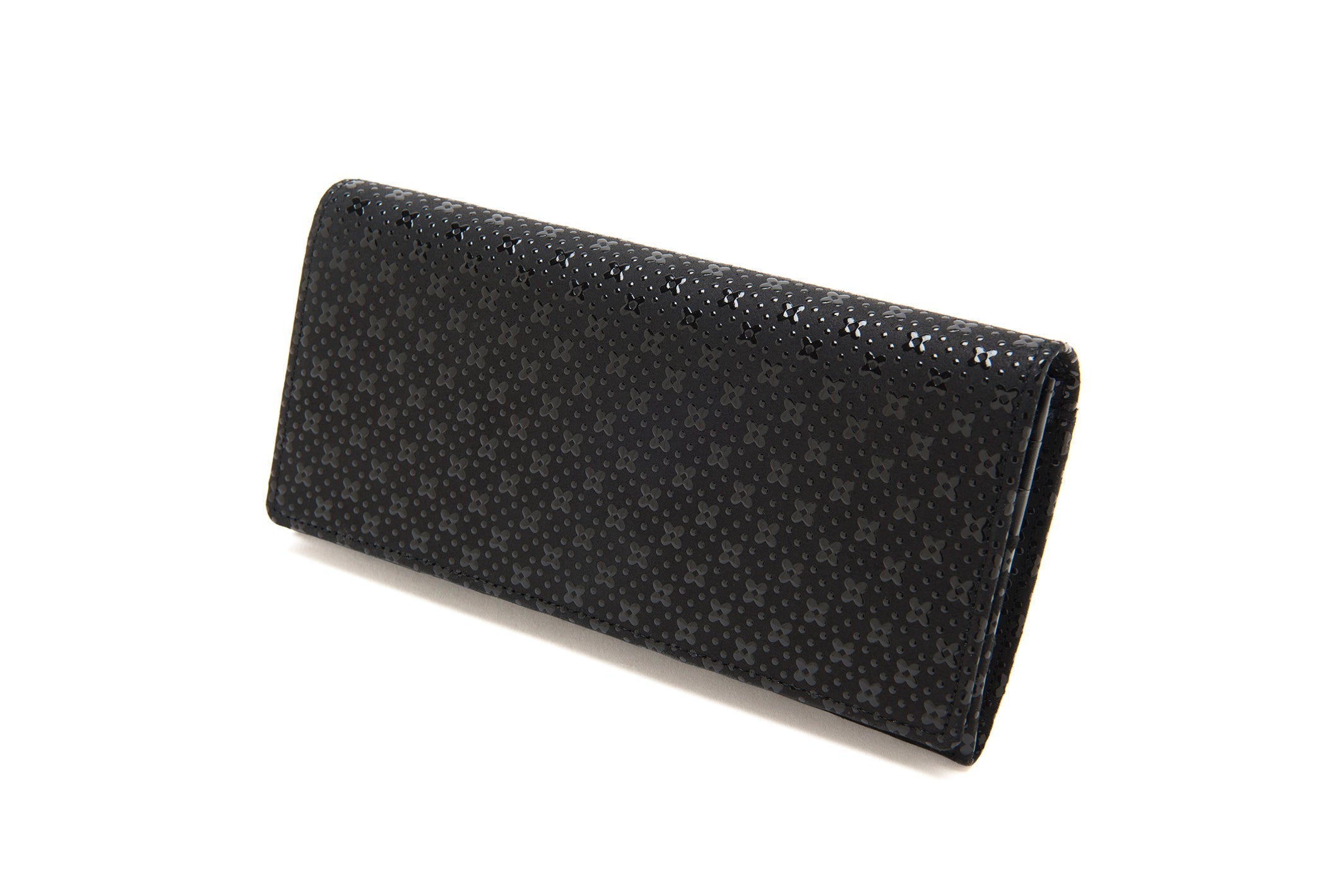 Inden Long Wallet Flower Lattice in black deer leather with snap closure, open showing organized interior card slots and zip pocket